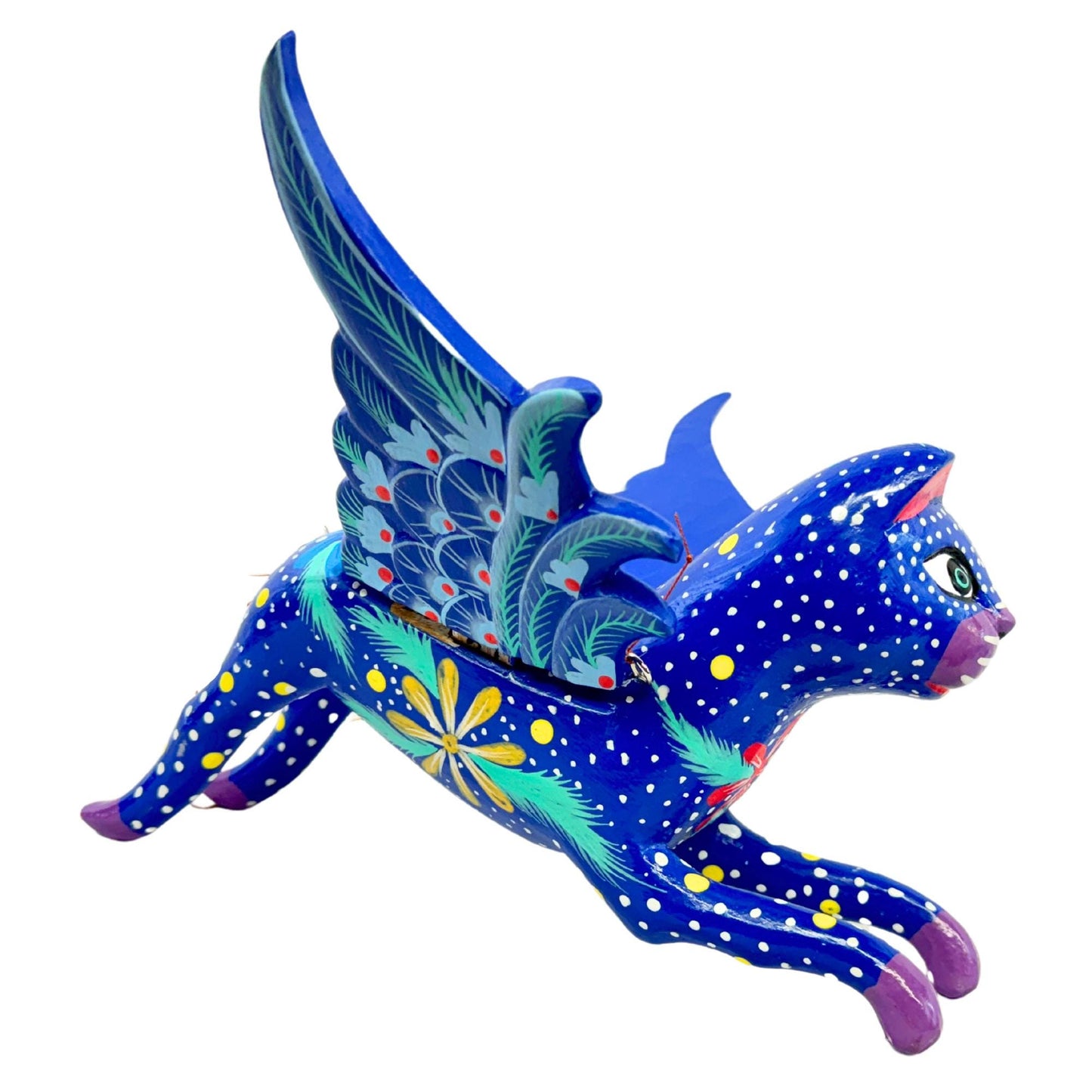 Winged Blue Cat Mobile Jasmine Jazzy kitty Spiritchaser Demon chaser cradle guardian hand carved wood Cat Lady Balinese Folk Art - Acadia World Traders