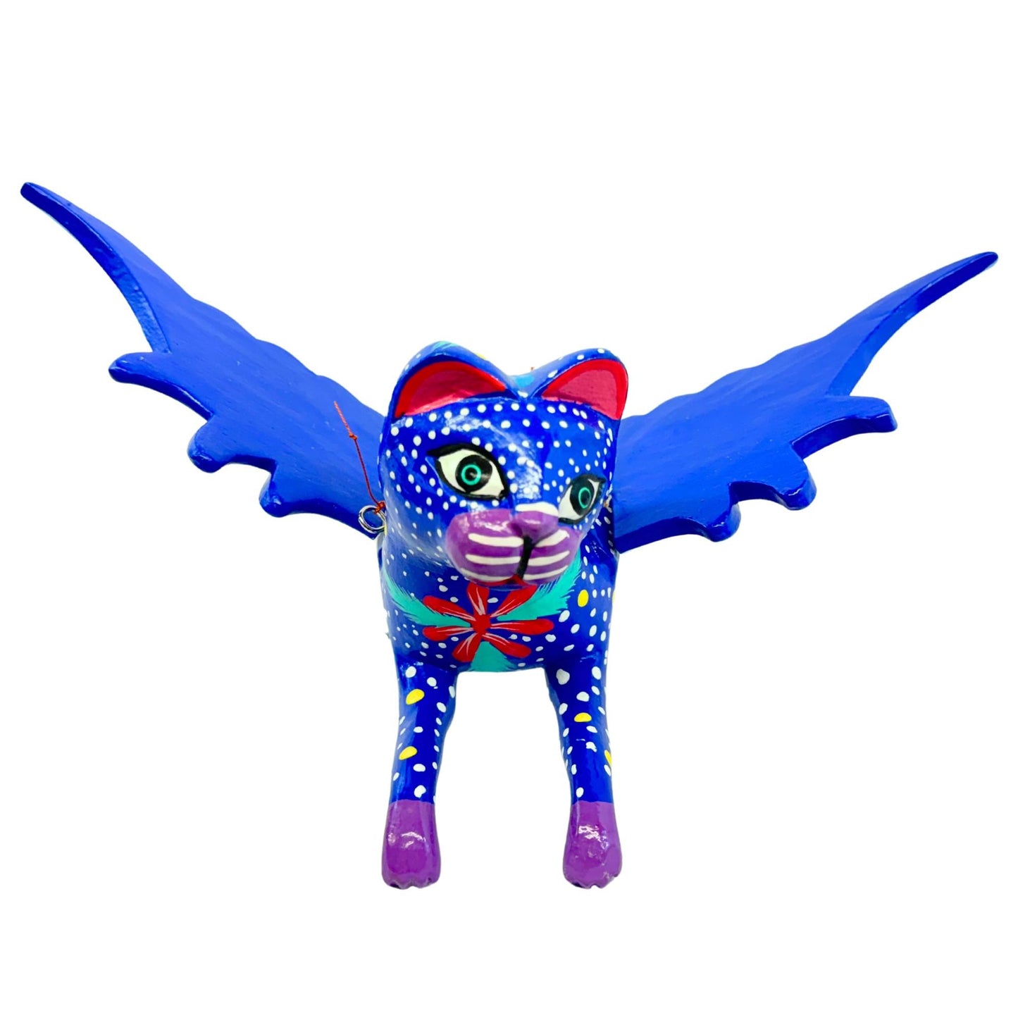 Flying Cat Spiritchaser Mobile, Hand Carved Wood Balinese Folk Art, Blue Jasmine