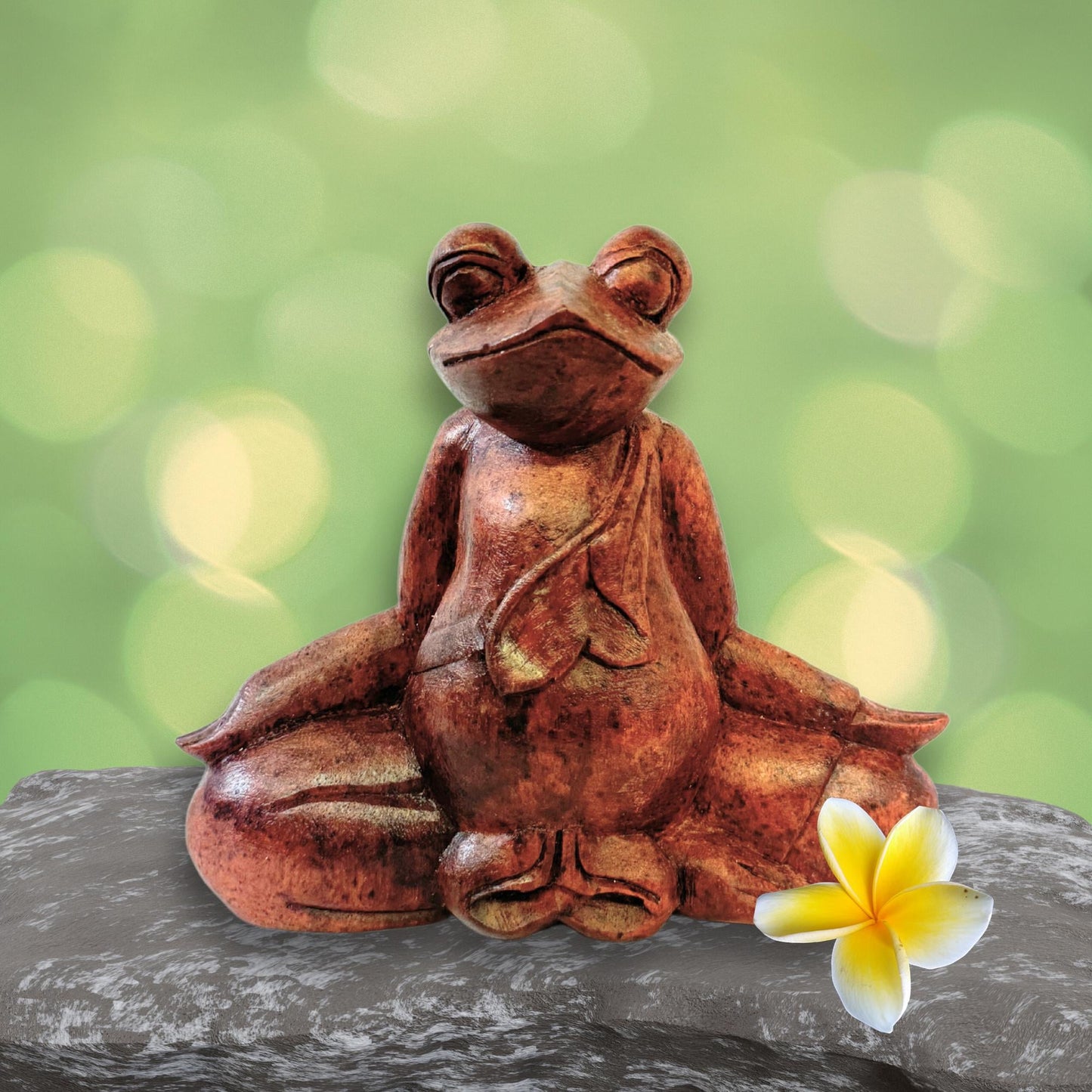 Meditation Buddha Frog Statue Lotus Pose Padmasana Yoga Posture Sculpture Wood Carving Balinese Art