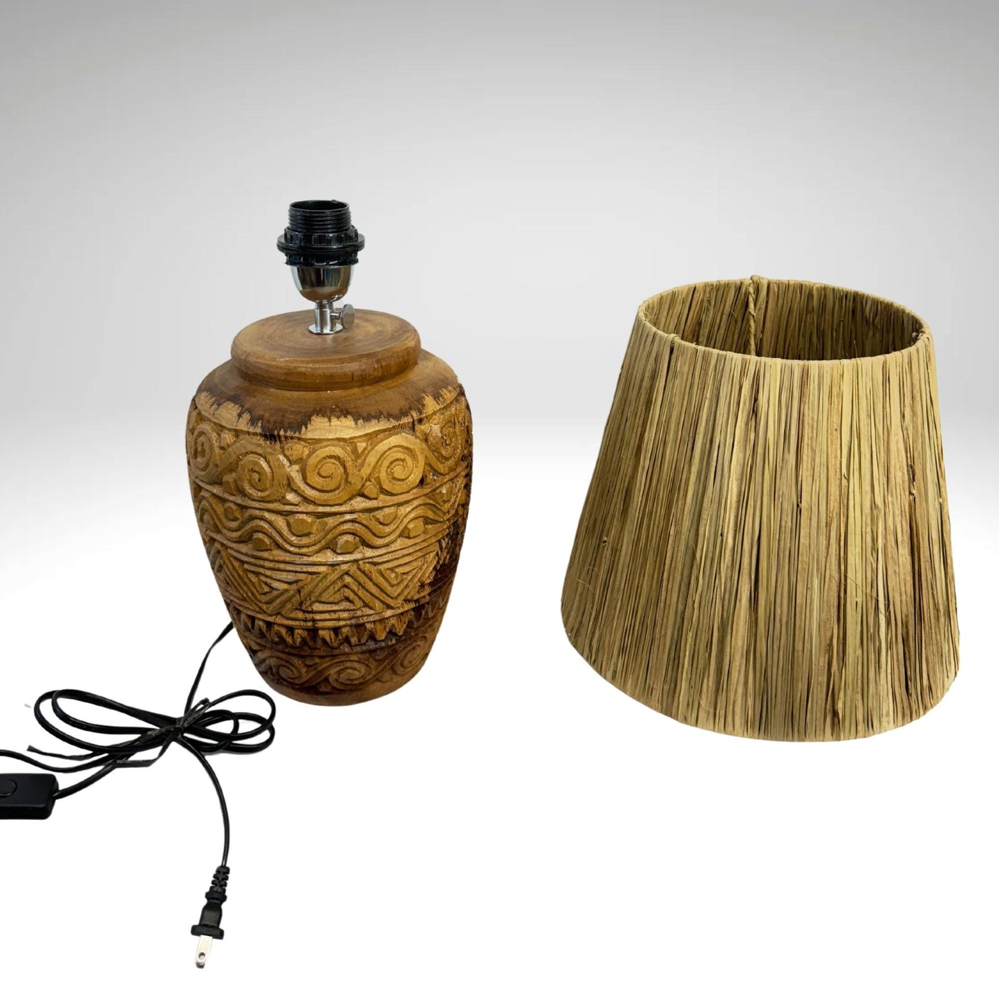 Hand Carved Teak Ginger Jar Lamp: Raffia Shade Boho Accent