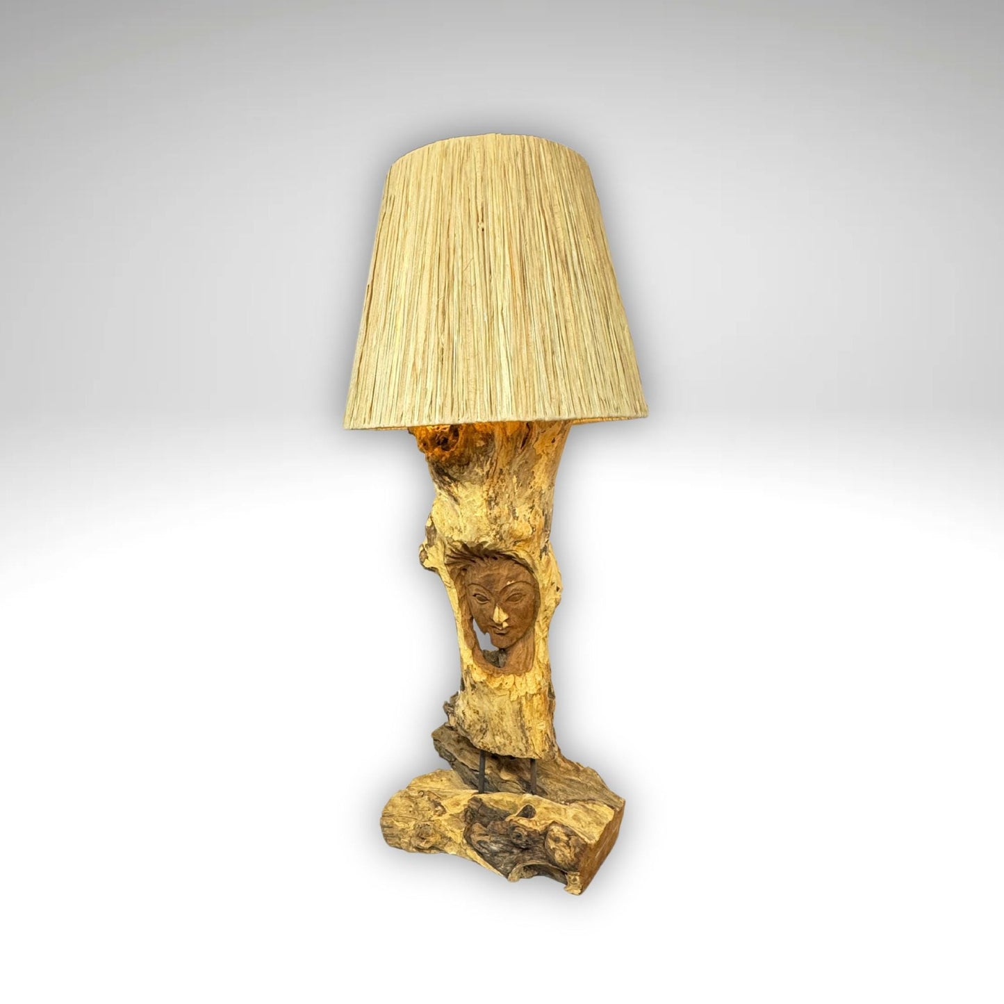 Nature Spirit Goddess Table Lamp Hand Carved Reclaimed Teak Wood Accent Lamp Natural Raffia Fiber Lamp Shade Boho Decor Handmade Bali Art