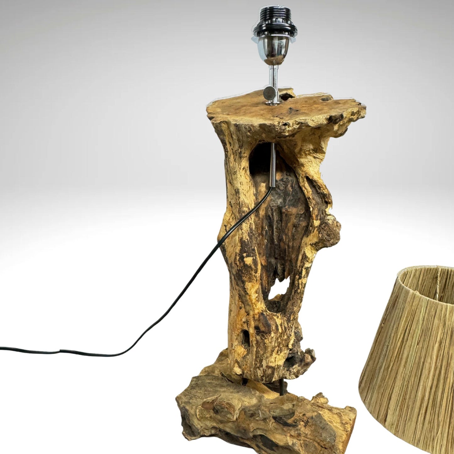 Hand Carved Teak Goddess Table Lamp: Raffia Shade Boho Decor