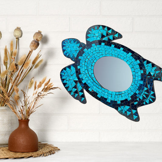 Sea Turtle Marine turtles Wall Mirror Mosaic Wall Art Plaque Panel Hand Painted Glass Bali Handicraft Nautical Beach Decor - Acadia World Traders
