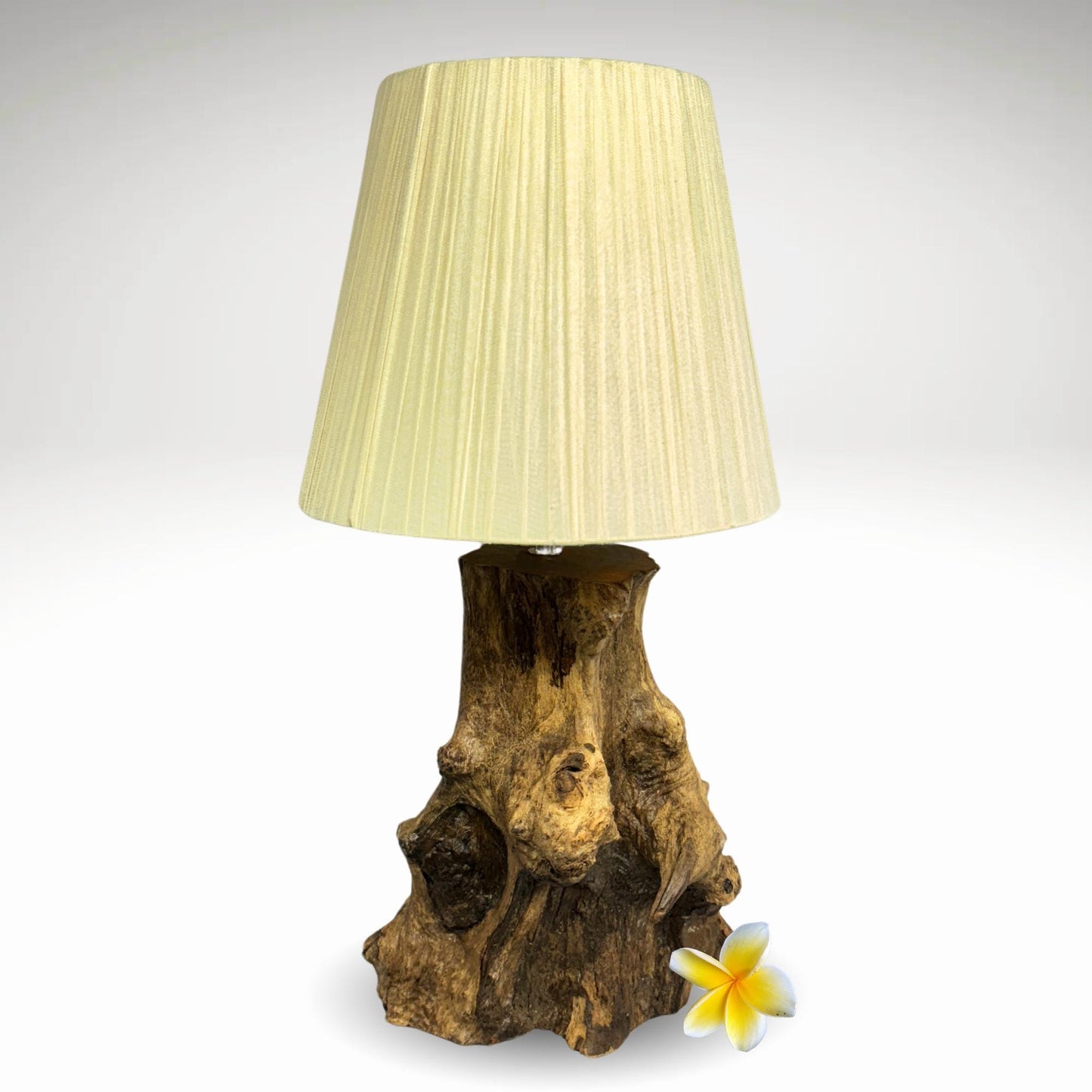 Natural Teak Fragment Table Lamp Hand Carved Reclaimed Wood Accent Lamp Natural Raffia Fiber Lamp Shade Boho Decor Handmade Bali Art