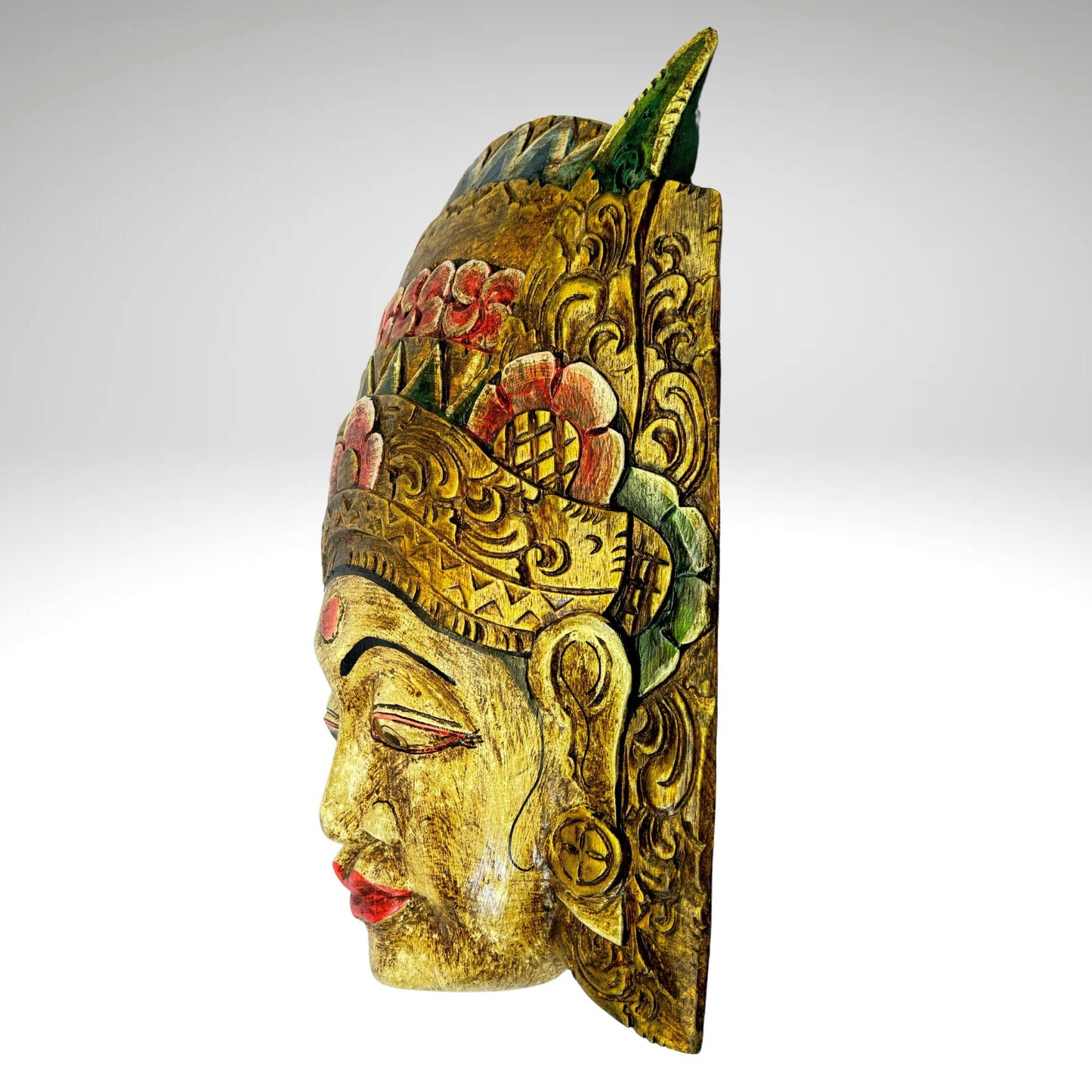 Balinese Mask Dewi Sri Rice Fertility Goddess Polychrome Hand Carved Wood Bali Folk Art wooden Mask Wall Decor - Acadia World Traders