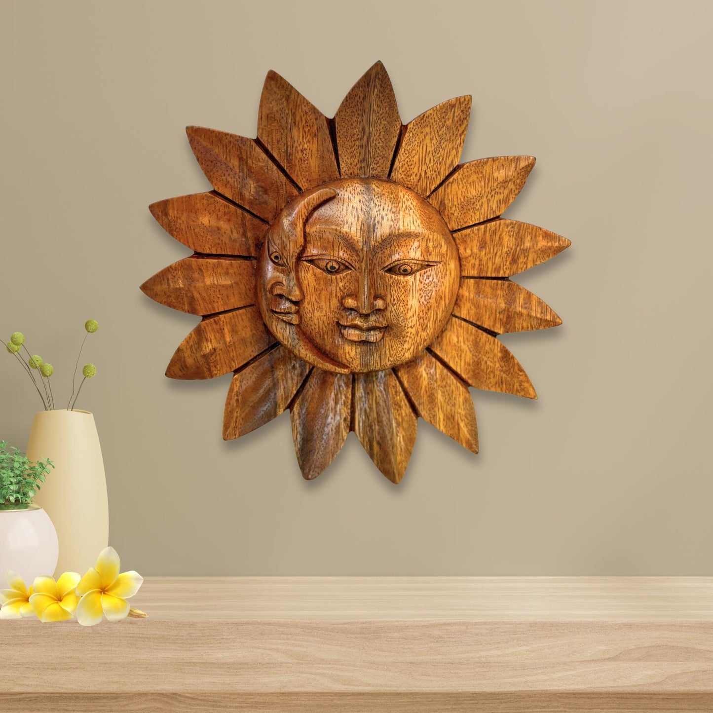 Sun Moon Eclipse Disc Sunburst Celestial Wall Art Plaque Carved hand carved natural wood Carving Bali Balinese folk art 8" - Acadia World Traders