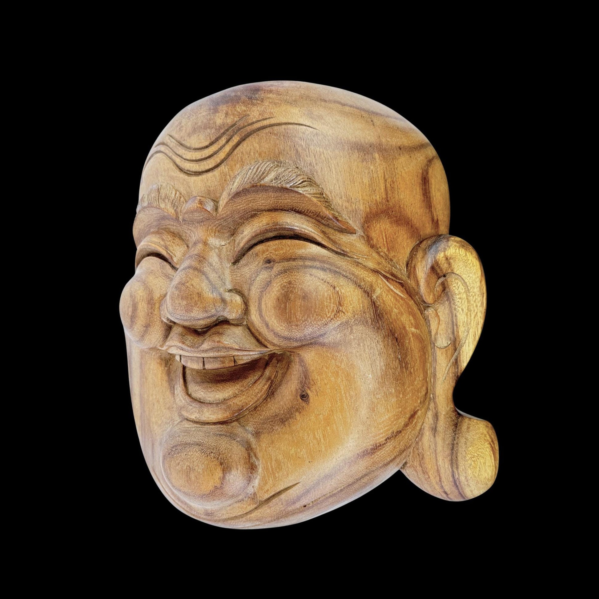 Laughing Traveling Buddha Mask Wall art  Hand Carved Wood Carving Hotei Budai Monk Good Luck Prosperity Bali Art - Acadia World Traders