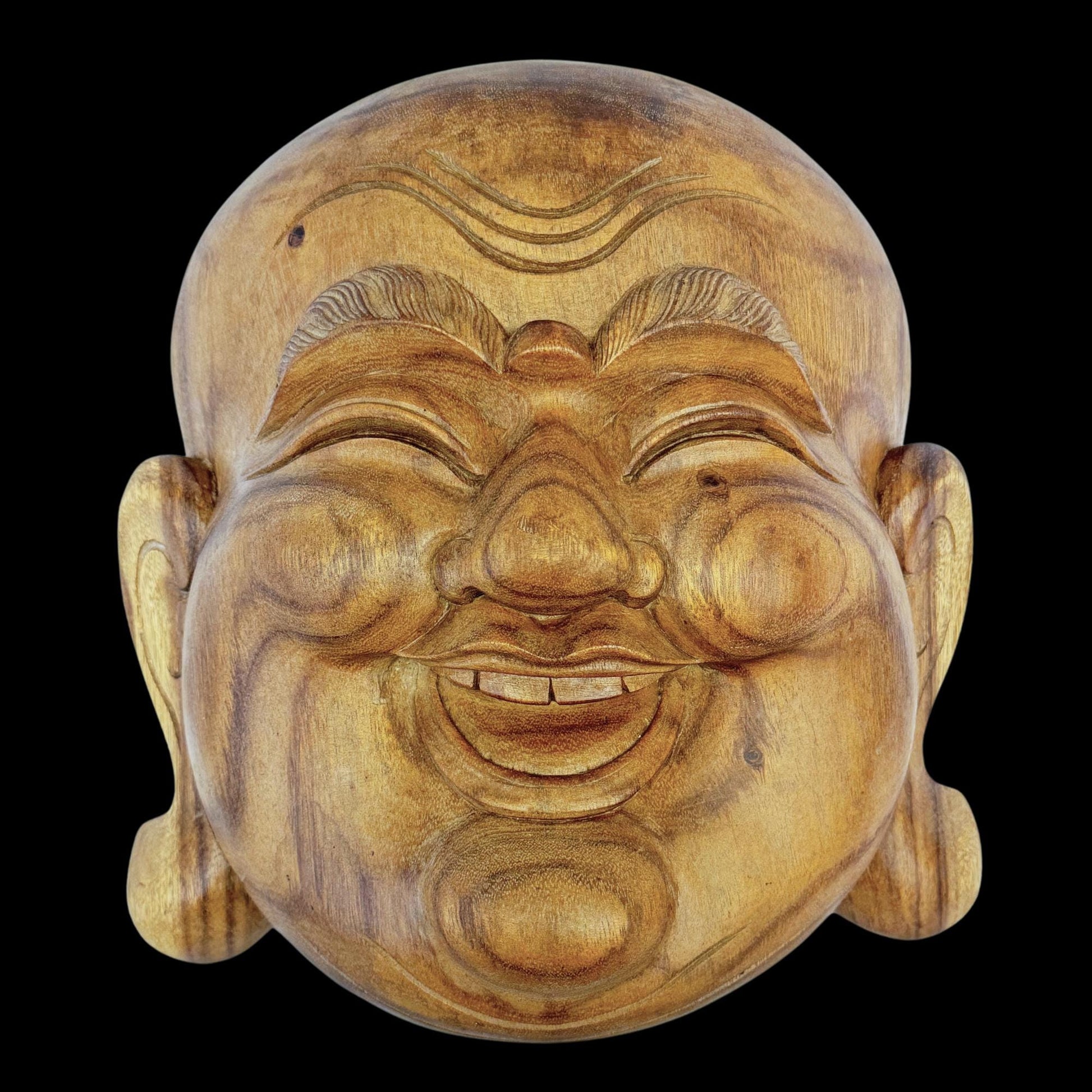 Laughing Traveling Buddha Mask Wall art  Hand Carved Wood Carving Hotei Budai Monk Good Luck Prosperity Bali Art - Acadia World Traders