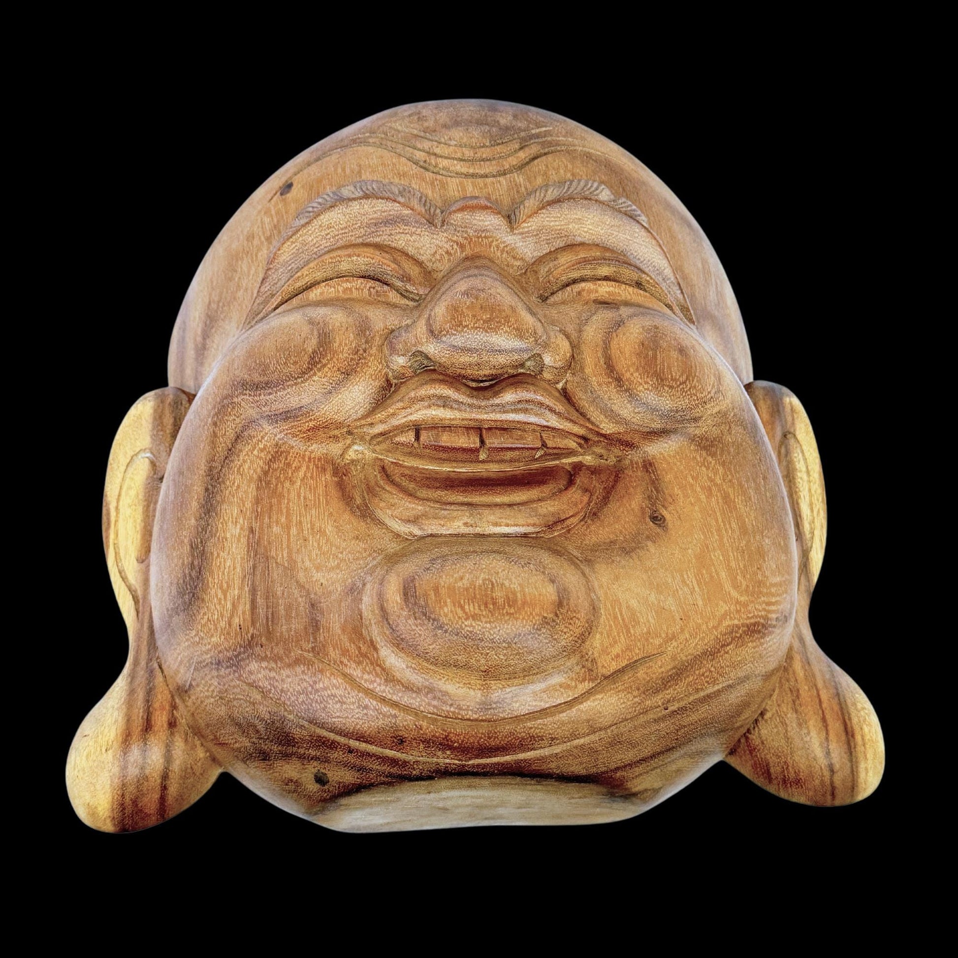 Laughing Traveling Buddha Mask Wall art  Hand Carved Wood Carving Hotei Budai Monk Good Luck Prosperity Bali Art - Acadia World Traders
