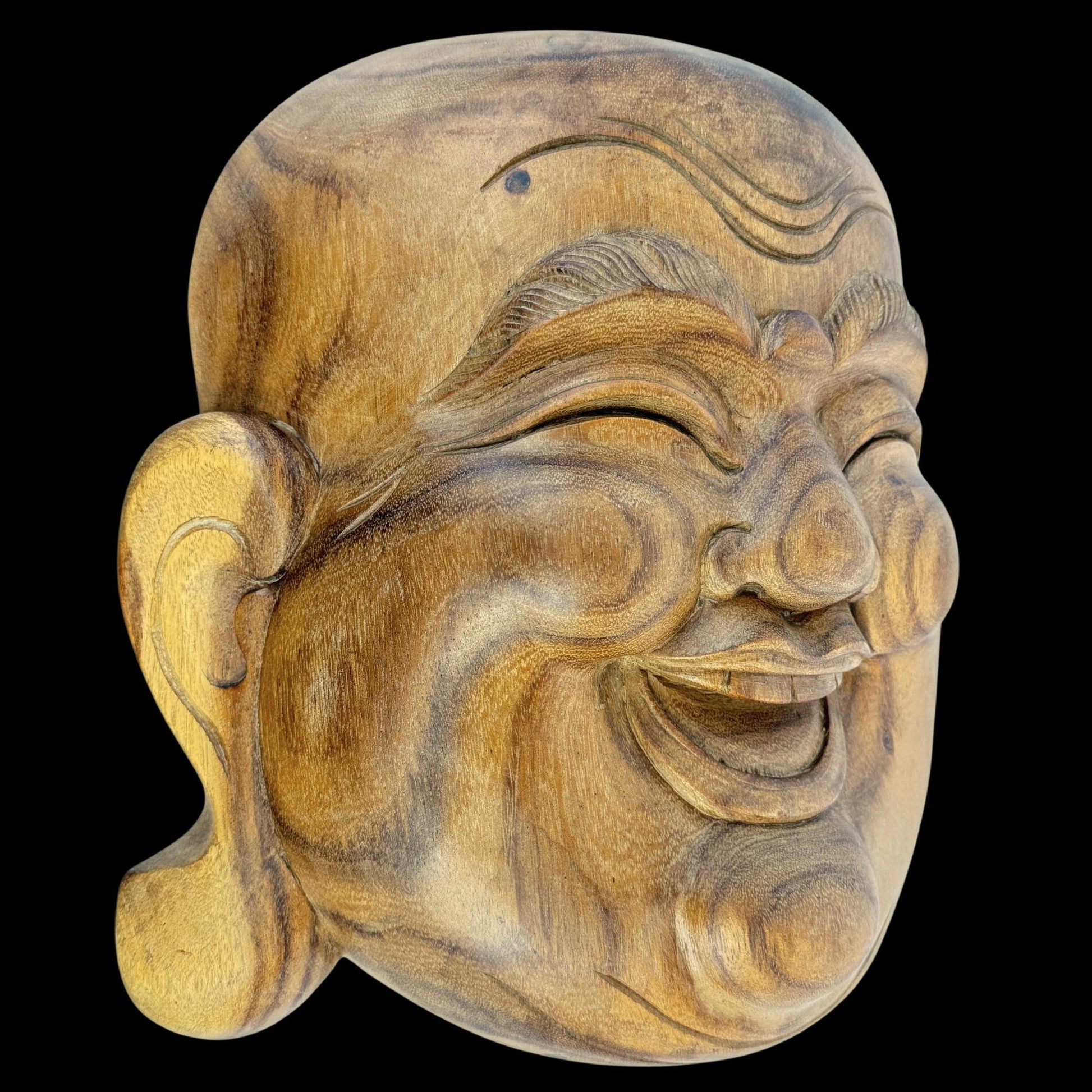 Laughing Traveling Buddha Mask Wall art  Hand Carved Wood Carving Hotei Budai Monk Good Luck Prosperity Bali Art - Acadia World Traders