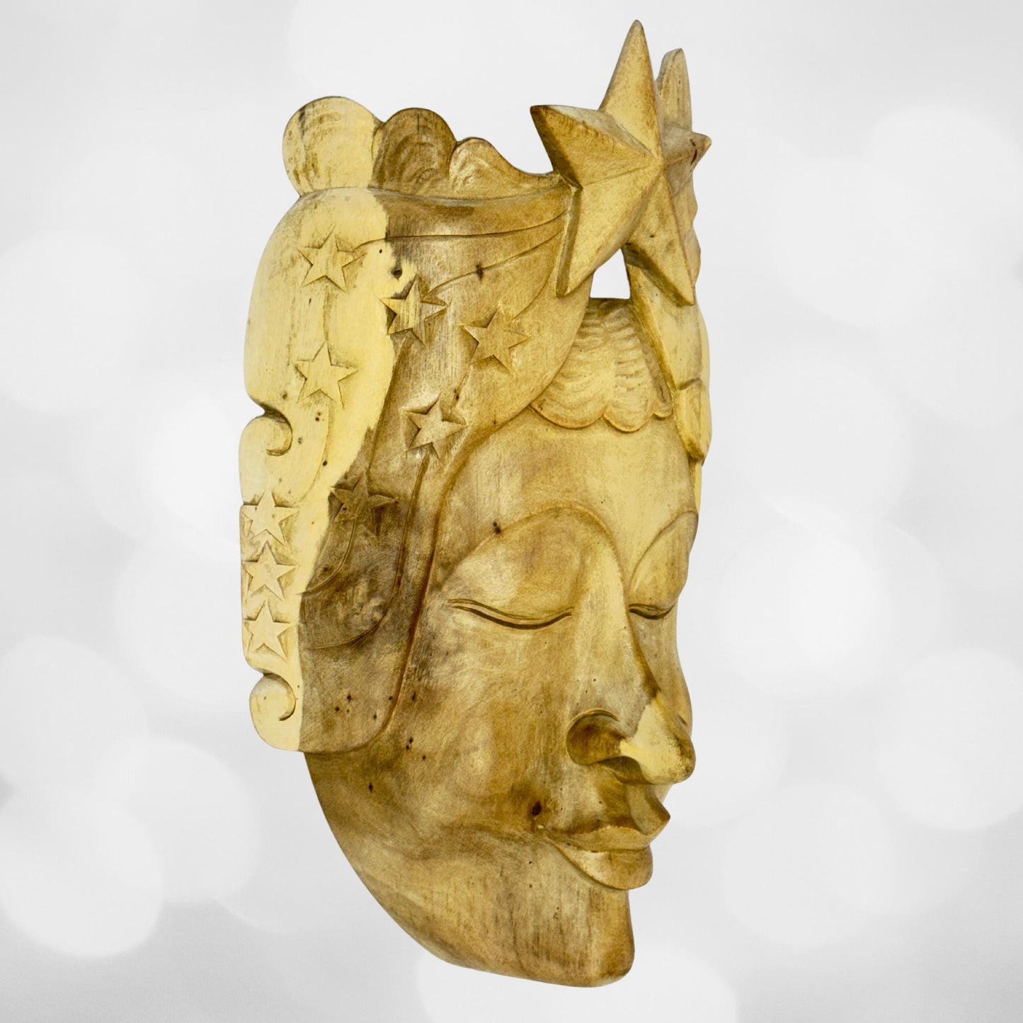Balinese Mask Star Girl Goddess Moon Stars Hand Carved Wood Carving Bali folk art wall decor - Acadia World Traders