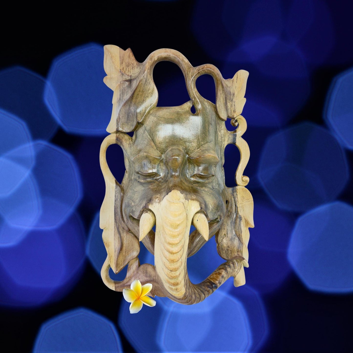 Hand Carved Wood Ganesha Mask: Balinese Hindu Wall Art Sculpture
