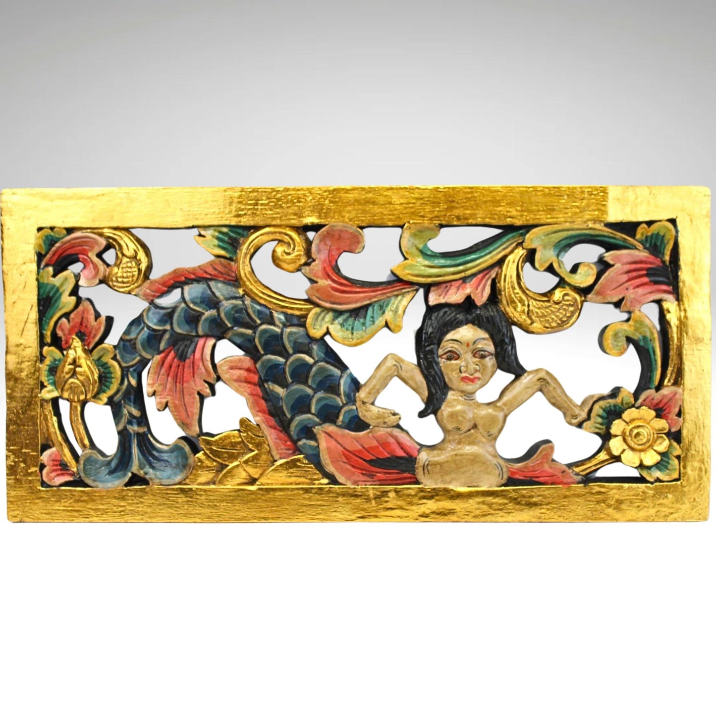 Balinese Mermaid Panel Wall Sculpture Hand Carved Wood Architectural Element Bali folk art carving - Acadia World Traders