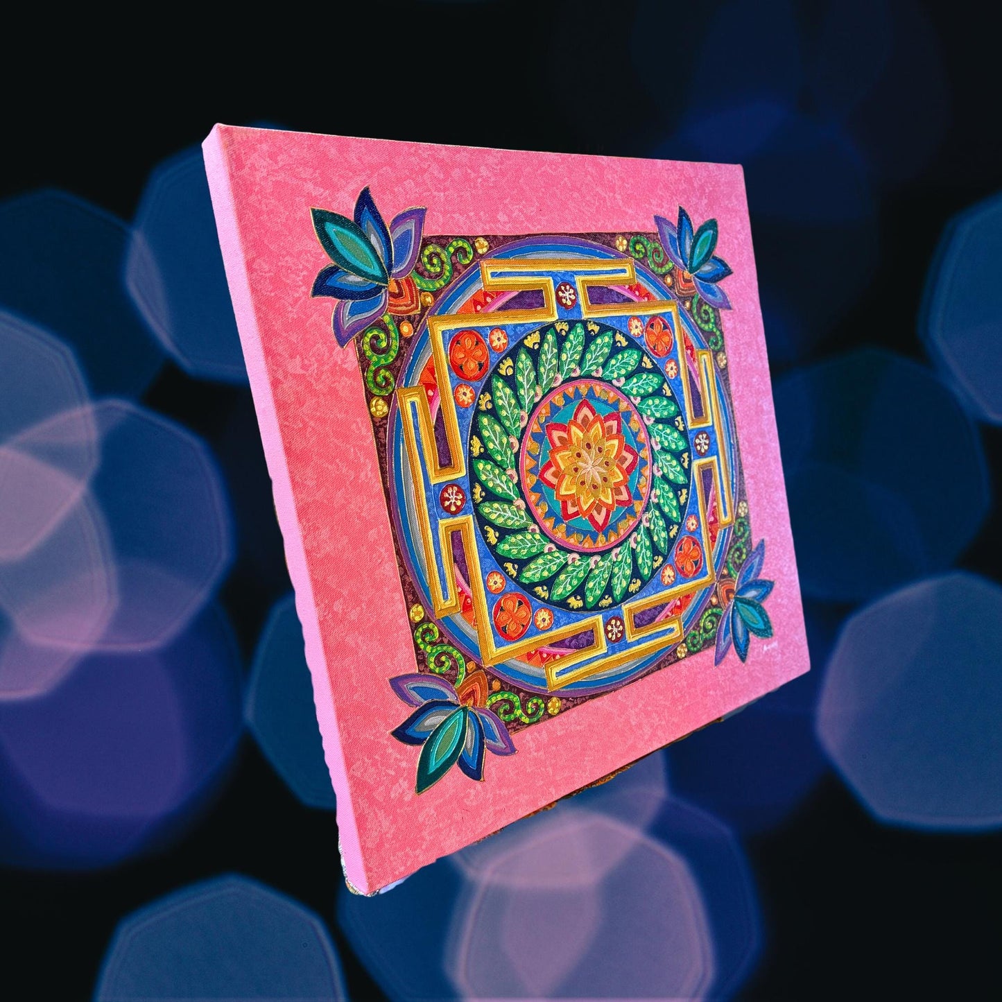 Lotus Mandala Painting Hand Painted Acrylic on Canvas Wall Art Sacred Geometry Balinese Artist Painting Pink - Acadia World Traders