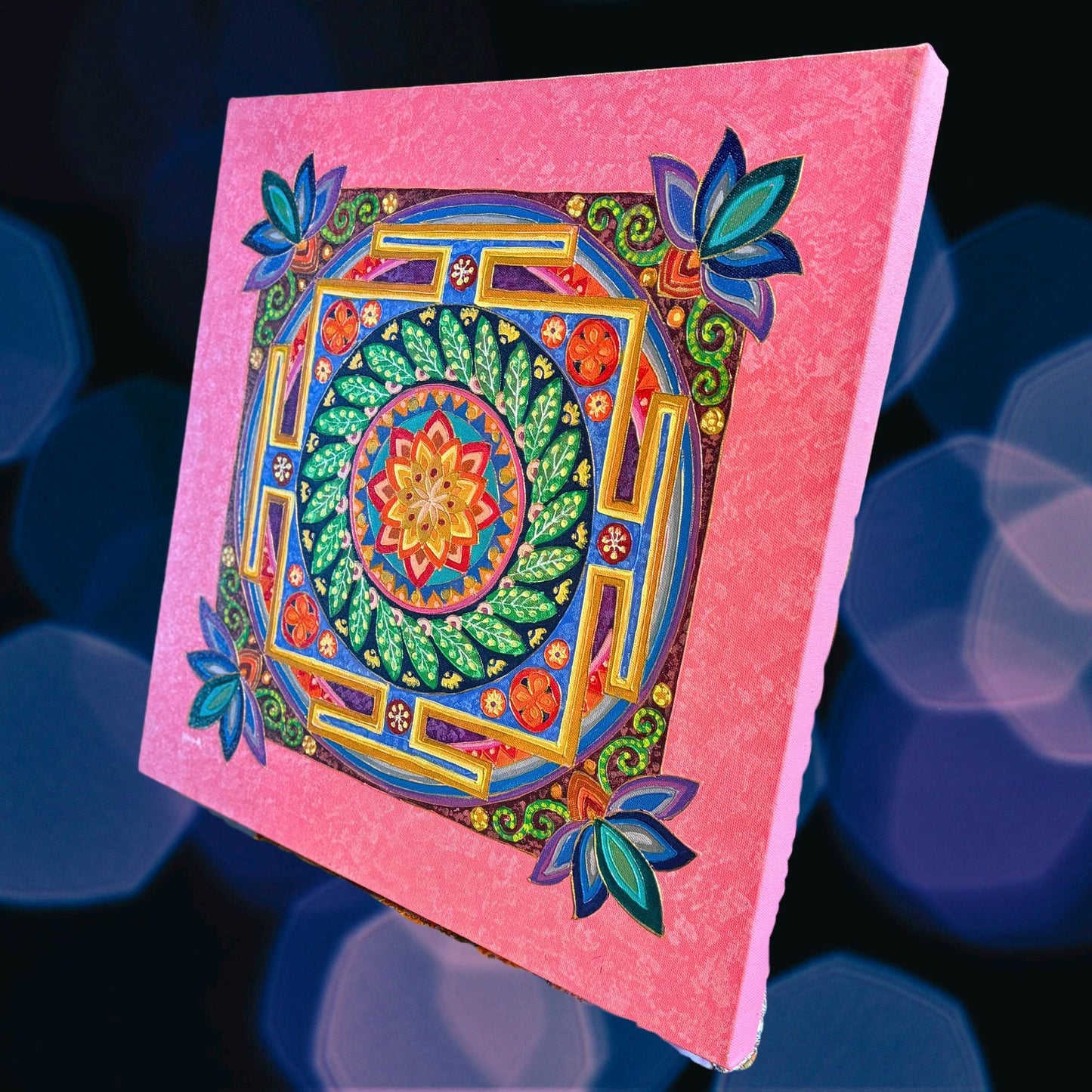 Lotus Mandala Painting Hand Painted Acrylic on Canvas Wall Art Sacred Geometry Balinese Artist Painting Pink - Acadia World Traders