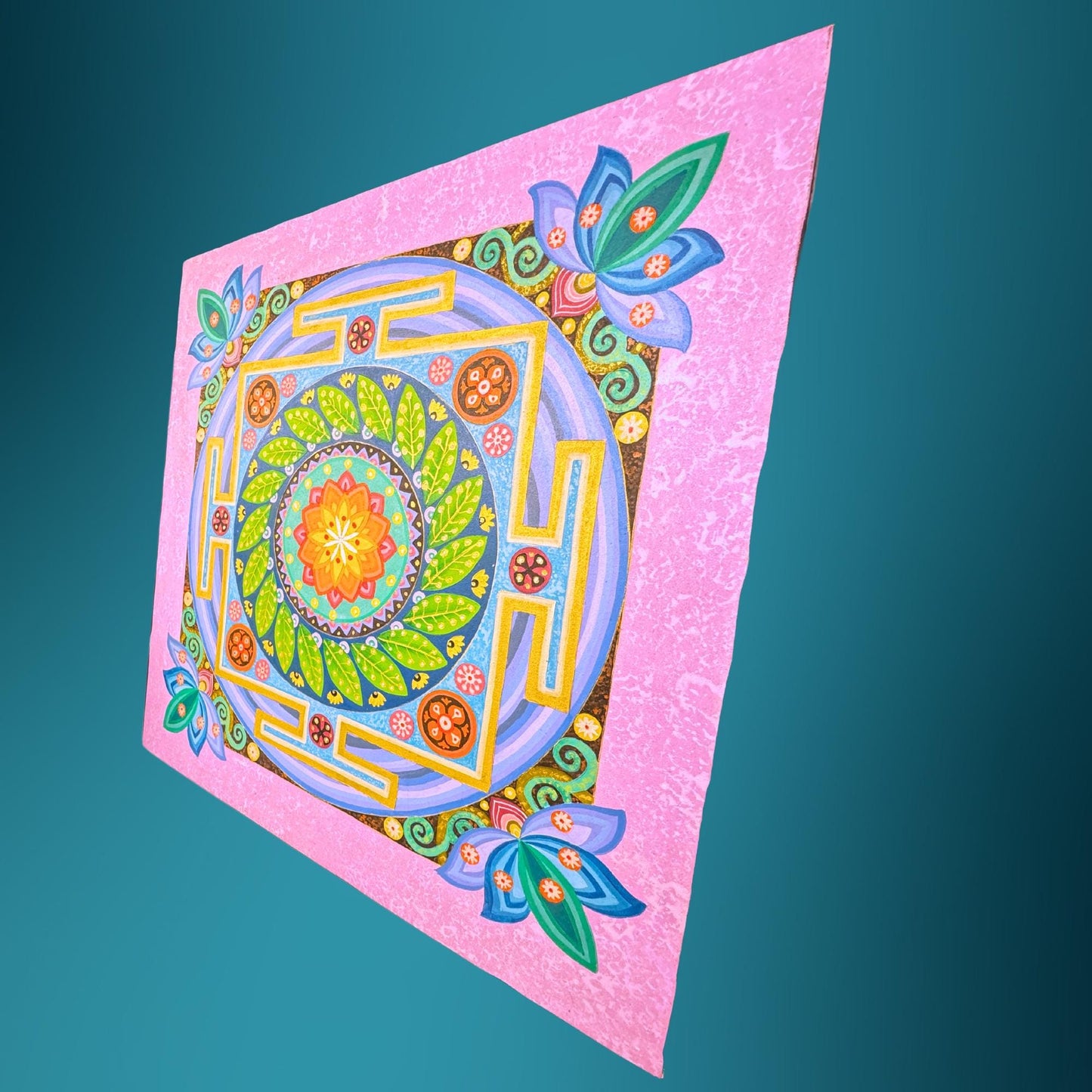 Lotus Mandala Painting Hand Painted Acrylic on Canvas Wall Art Sacred Geometry Balinese Artist Painting 40" - Acadia World Traders