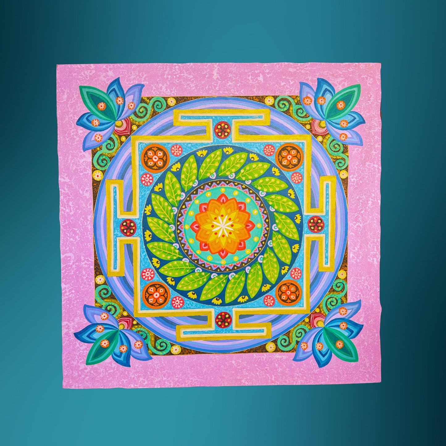 Lotus Mandala Painting Hand Painted Acrylic on Canvas Wall Art Sacred Geometry Balinese Artist Painting 40" - Acadia World Traders