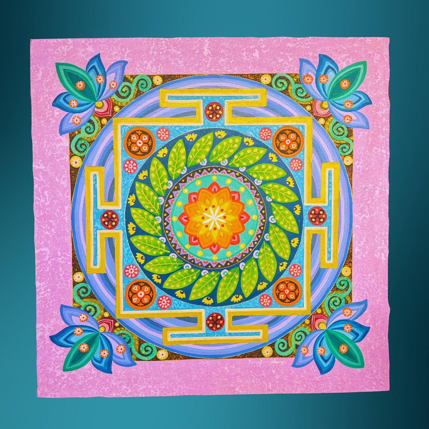 Lotus Mandala Painting Hand Painted Acrylic on Canvas Wall Art Sacred Geometry Balinese Artist Painting 40" - Acadia World Traders