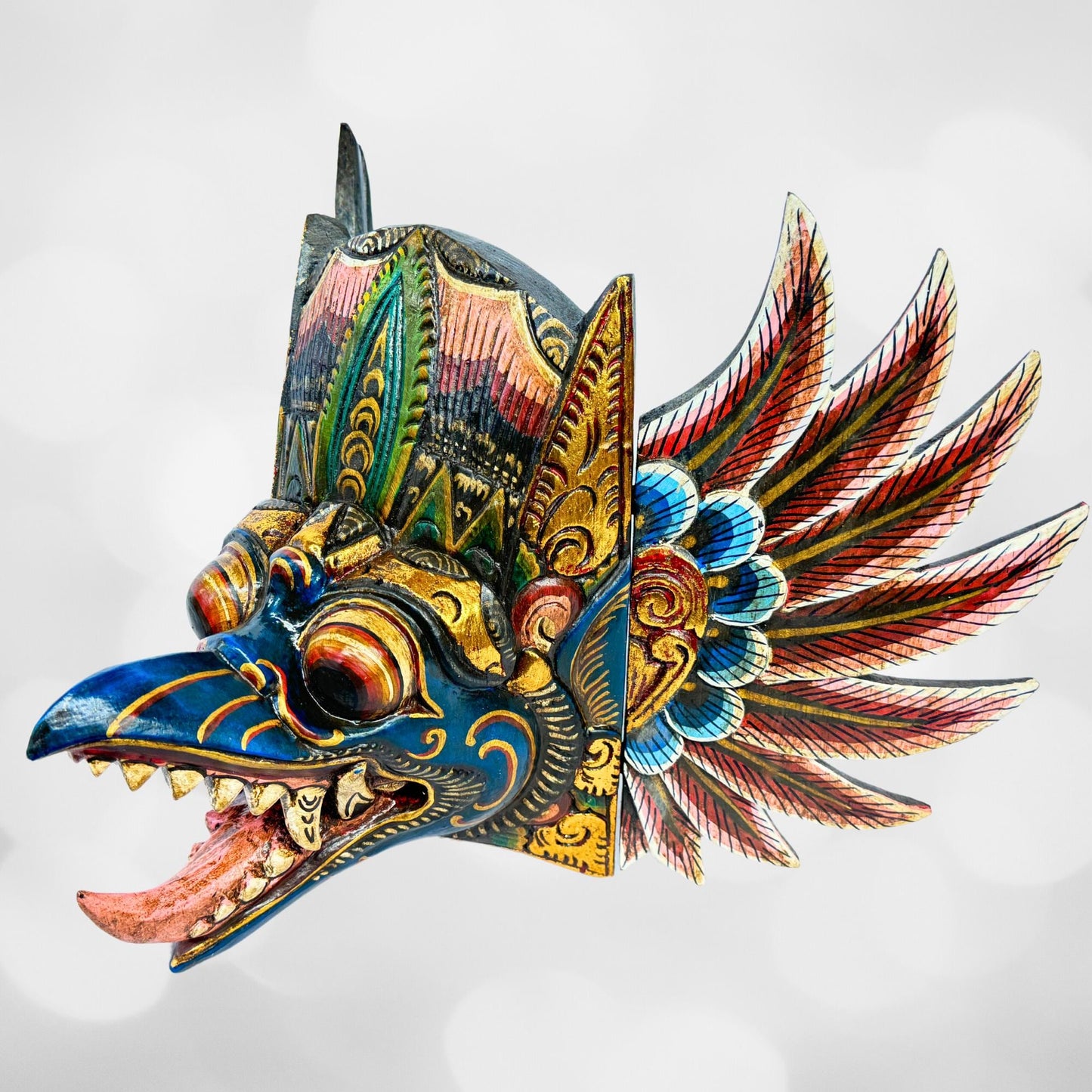 Balinese Garuda Mask Mythical Eagle Mount of Vishnu Protector Wall Decor Hand Carved Wood Carving Bali Folk Art Indonesian Teal - Acadia World Traders