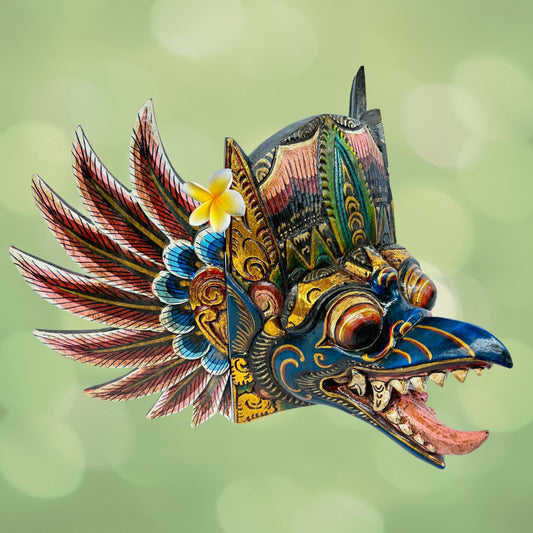 Balinese Garuda Mask Mythical Eagle Mount of Vishnu Protector Wall Decor Hand Carved Wood Carving Bali Folk Art Indonesian Teal - Acadia World Traders