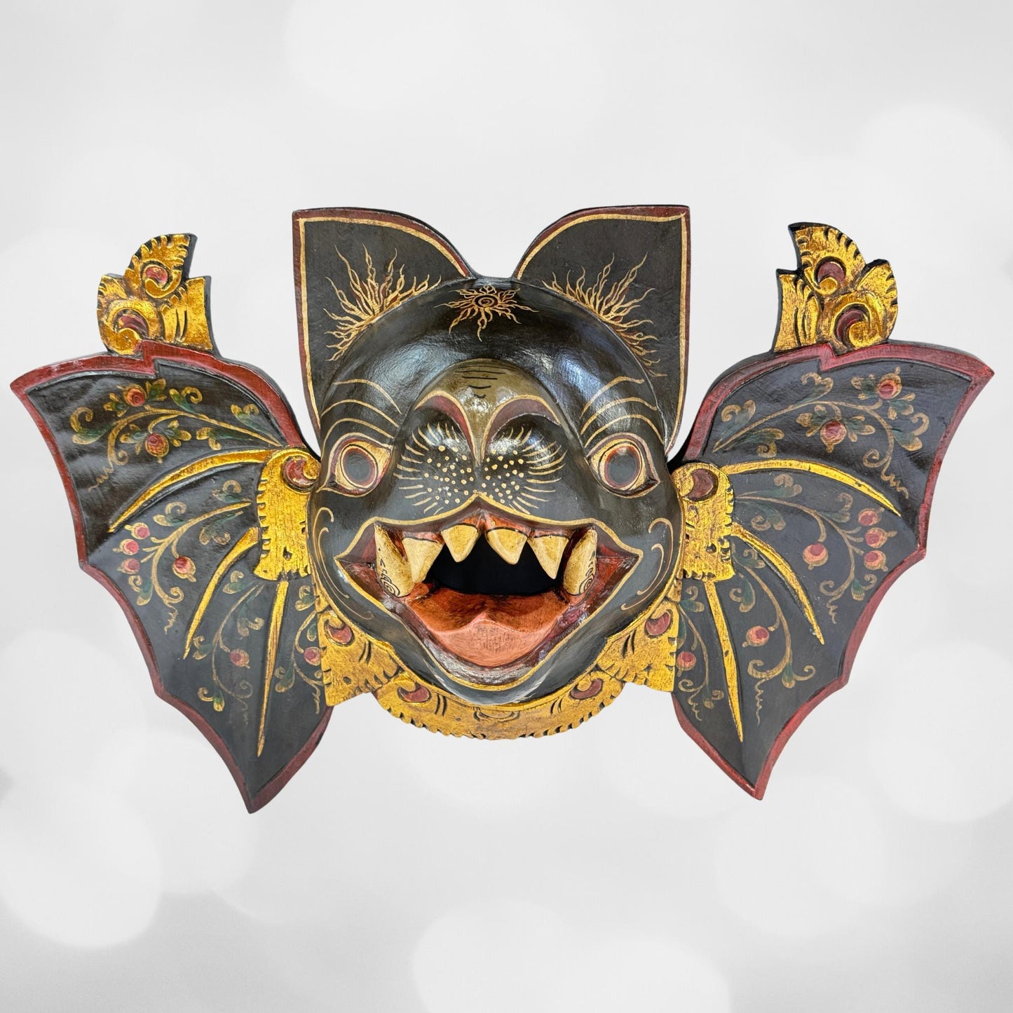 Balinese Mask Winged Black Bat Mask Bali hand carved wood Wall art Gothic Decor Balinese Folk Art Sacred Bat - Acadia World Traders