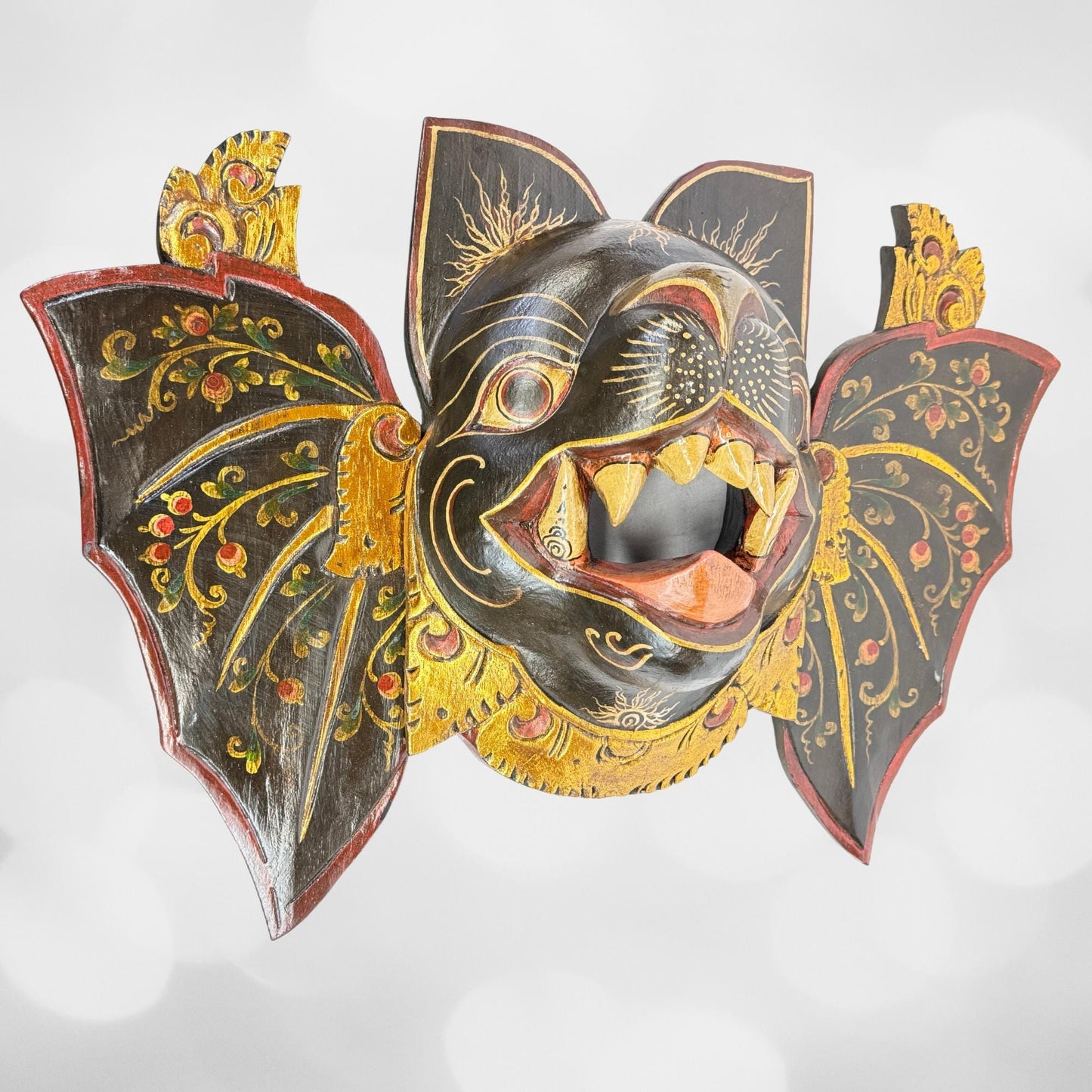 Balinese Mask Winged Black Bat Mask Bali hand carved wood Wall art Gothic Decor Balinese Folk Art Sacred Bat - Acadia World Traders