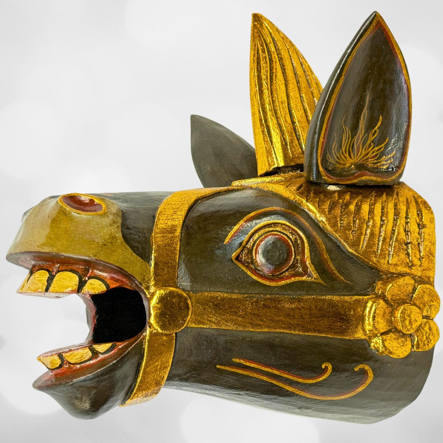 Balinese Black Horse Unicorn Mask Wall Decor Hand Carved Wood Carving Bali Folk Art Indonesian - Acadia World Traders