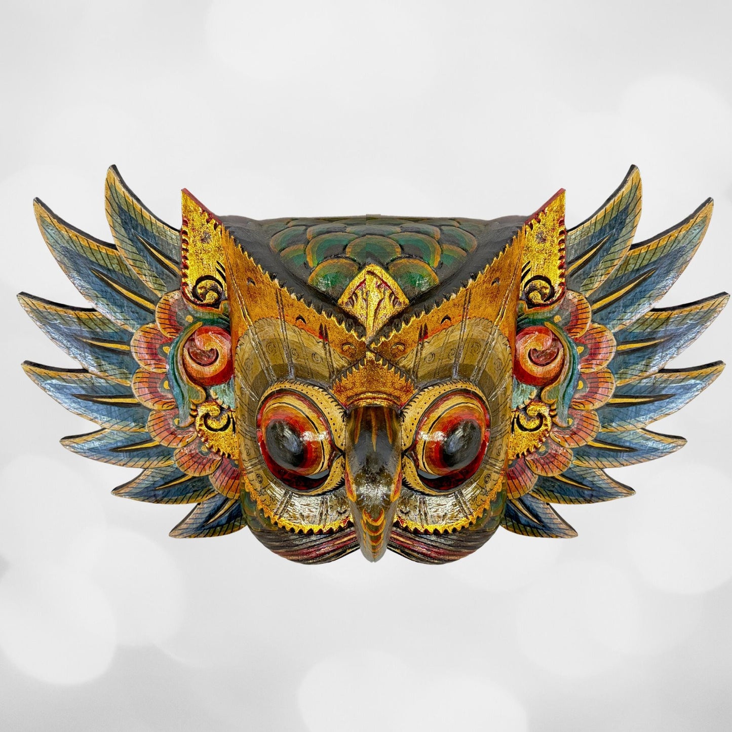 Balinese Mask Horned Owl Bird Mythical WINGED Owl Wall Hanging art Bali Folk Art Hand carved Wood Carving - Acadia World Traders