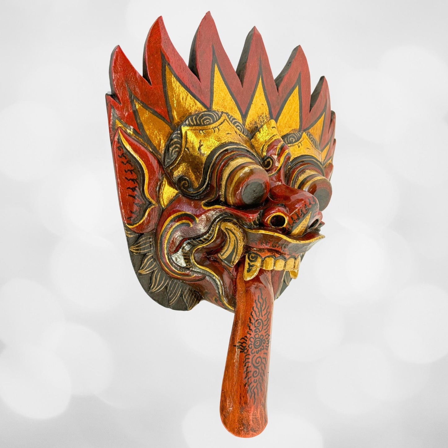 Balinese Agni Mask Mythical God of Fire Wall Decor Hand Carved Wood Carving Bali Folk Art Indonesian Red - Acadia World Traders