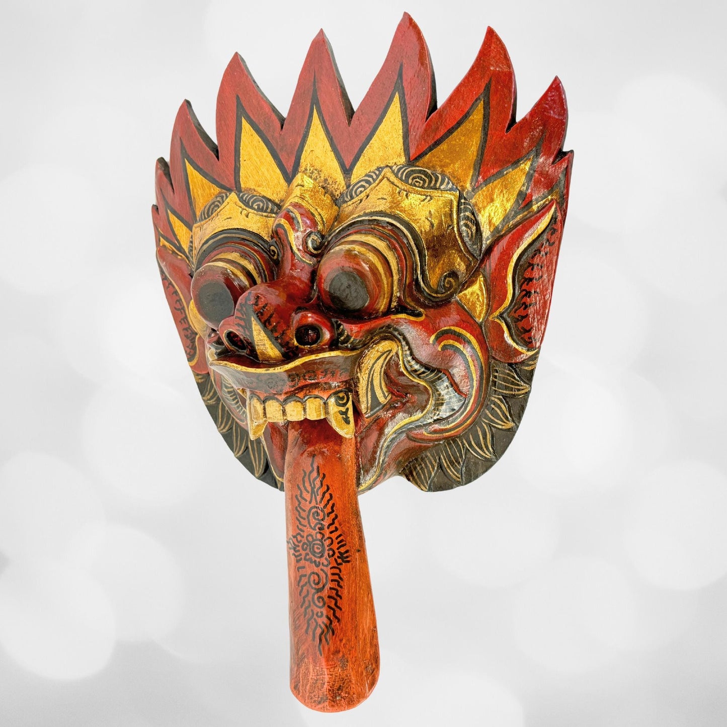 Balinese Agni Mask Mythical God of Fire Wall Decor Hand Carved Wood Carving Bali Folk Art Indonesian Red - Acadia World Traders