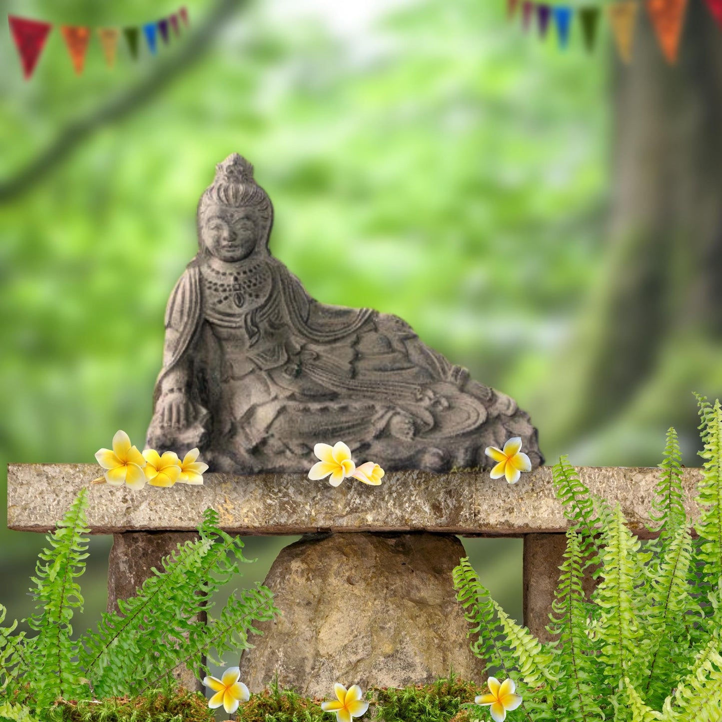 Resting Guanyin Kwan Yin Garden Art Statue Bodhisattva Buddha Goddess of Mercy Cast Lava Stone Sculpture Handmade Boho eclectic Decor - Acadia World Traders