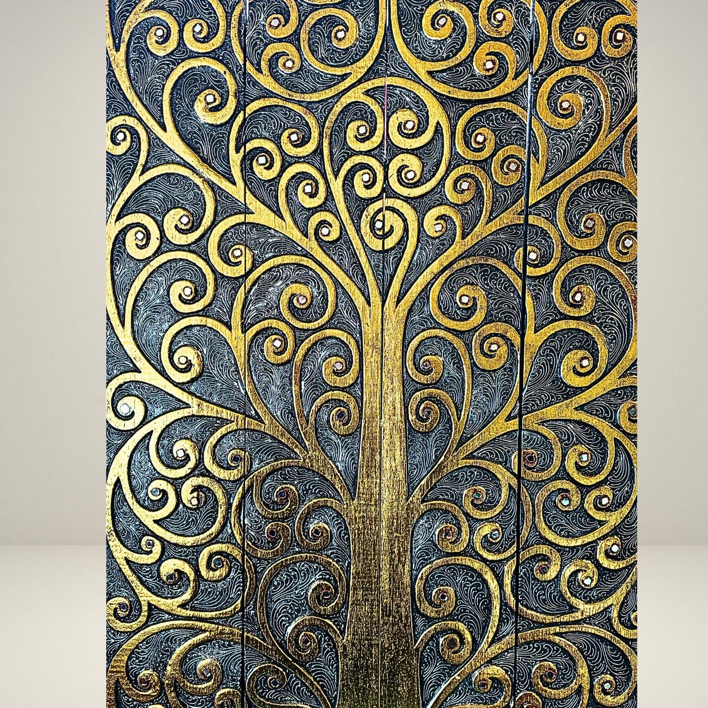 Hand Carved Wood Tree of Life Wall Art Panel, Balinese Handicraft Gold & Silver Leaf