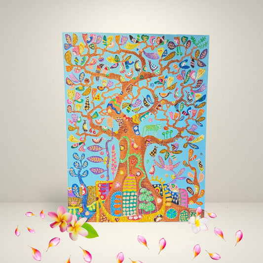 Tree of Life Fine art Painting acrylic on Canvas signed Agung Bali Wall Art Bohemian  Decor Blue - Acadia World Traders