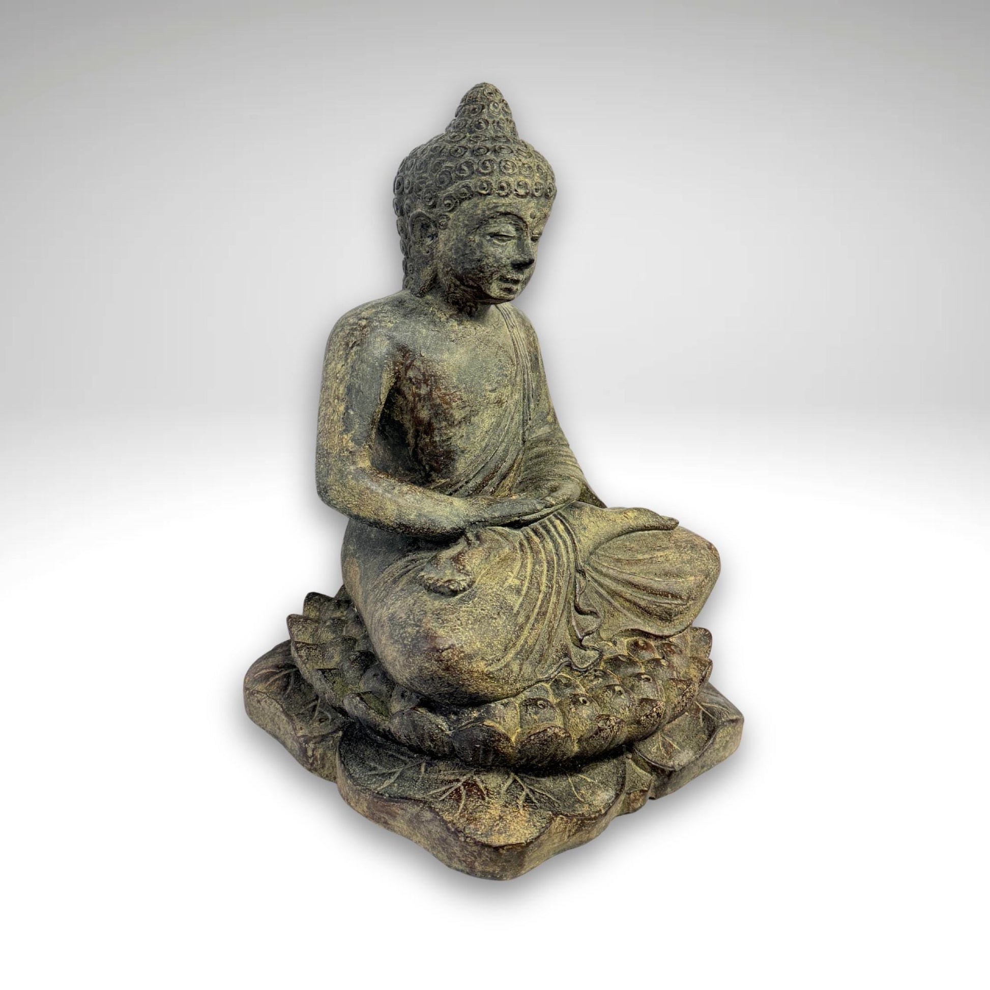 Dhyana Mudra Buddha Garden Statue Sculpture Lotus Pose Meditating Upon Padma Base Bali Art Cast Lava Stone Concrete - Acadia World Traders