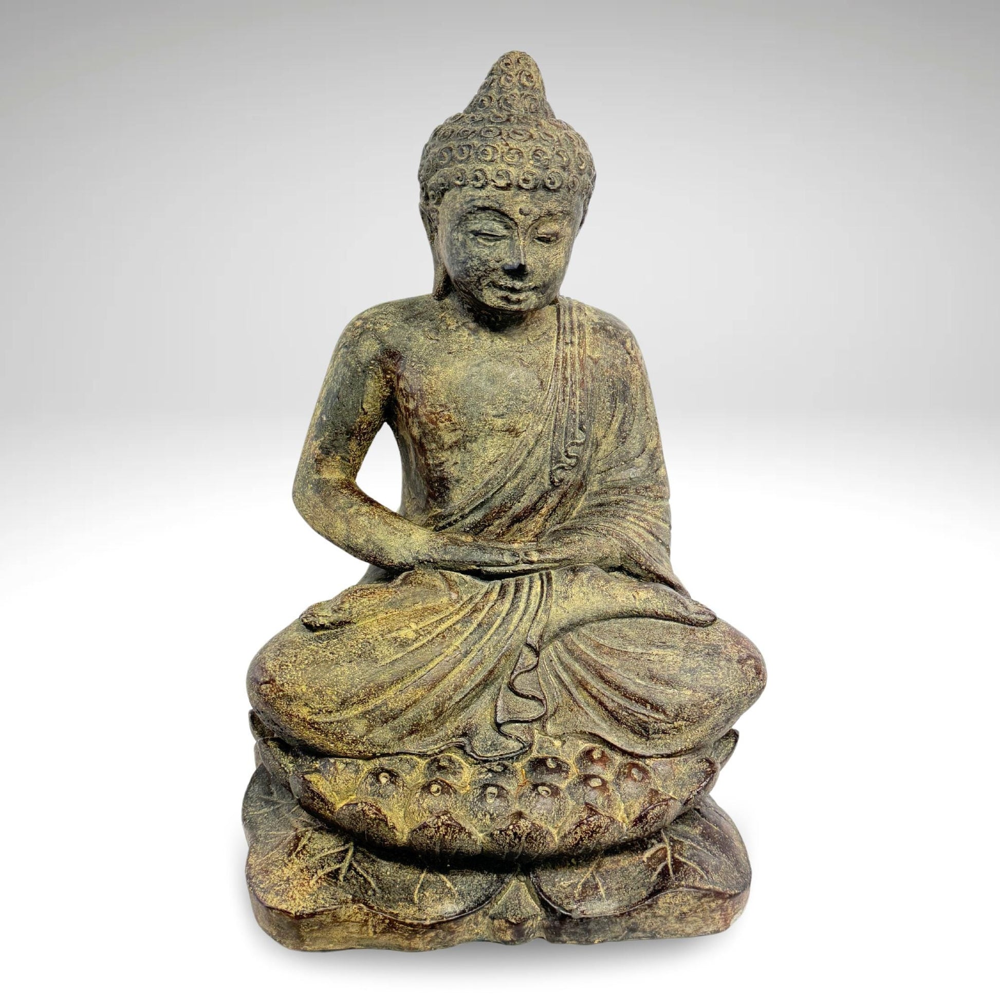 Dhyana Mudra Buddha Garden Statue Sculpture Lotus Pose Meditating Upon Padma Base Bali Art Cast Lava Stone Concrete - Acadia World Traders