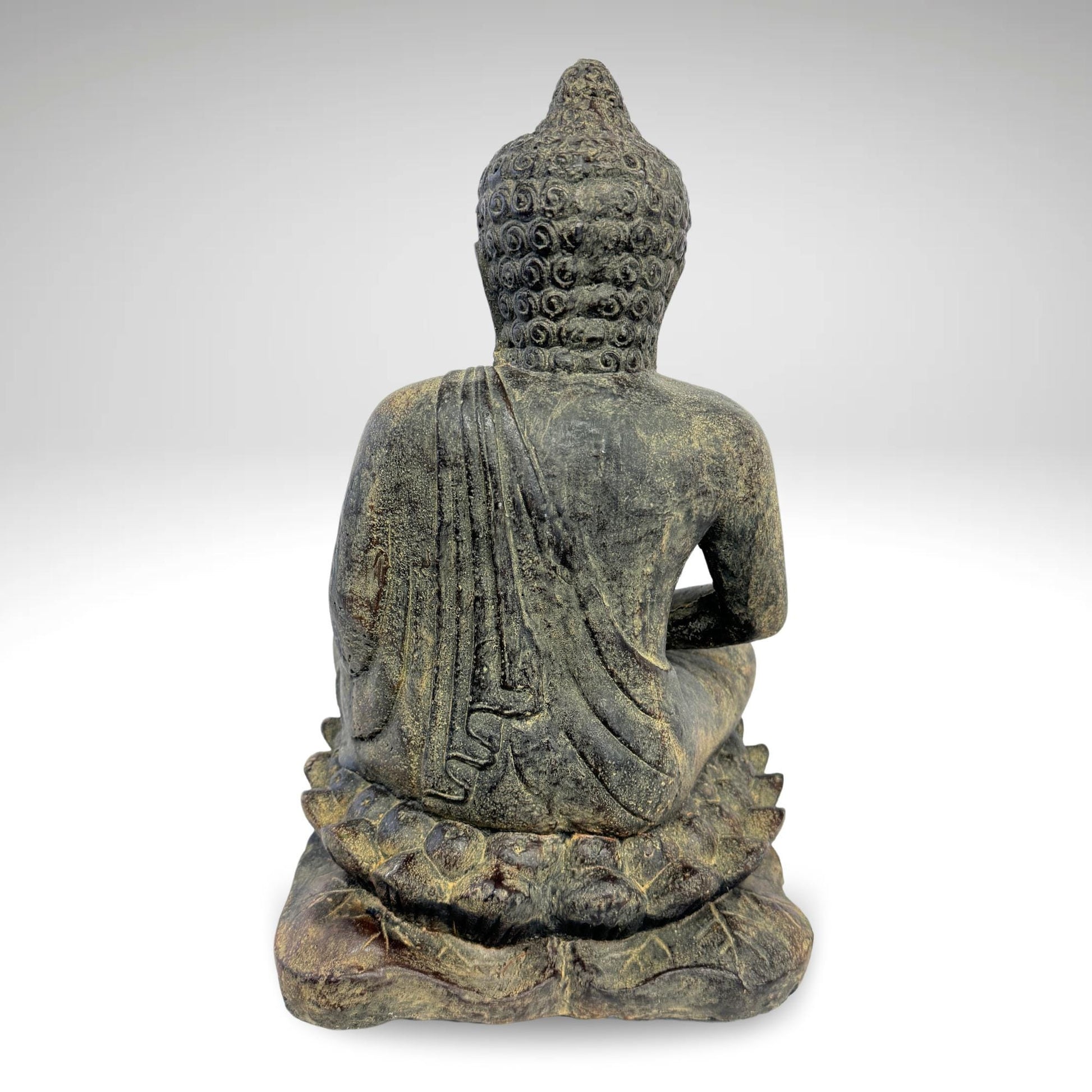 Dhyana Mudra Buddha Garden Statue Sculpture Lotus Pose Meditating Upon Padma Base Bali Art Cast Lava Stone Concrete - Acadia World Traders