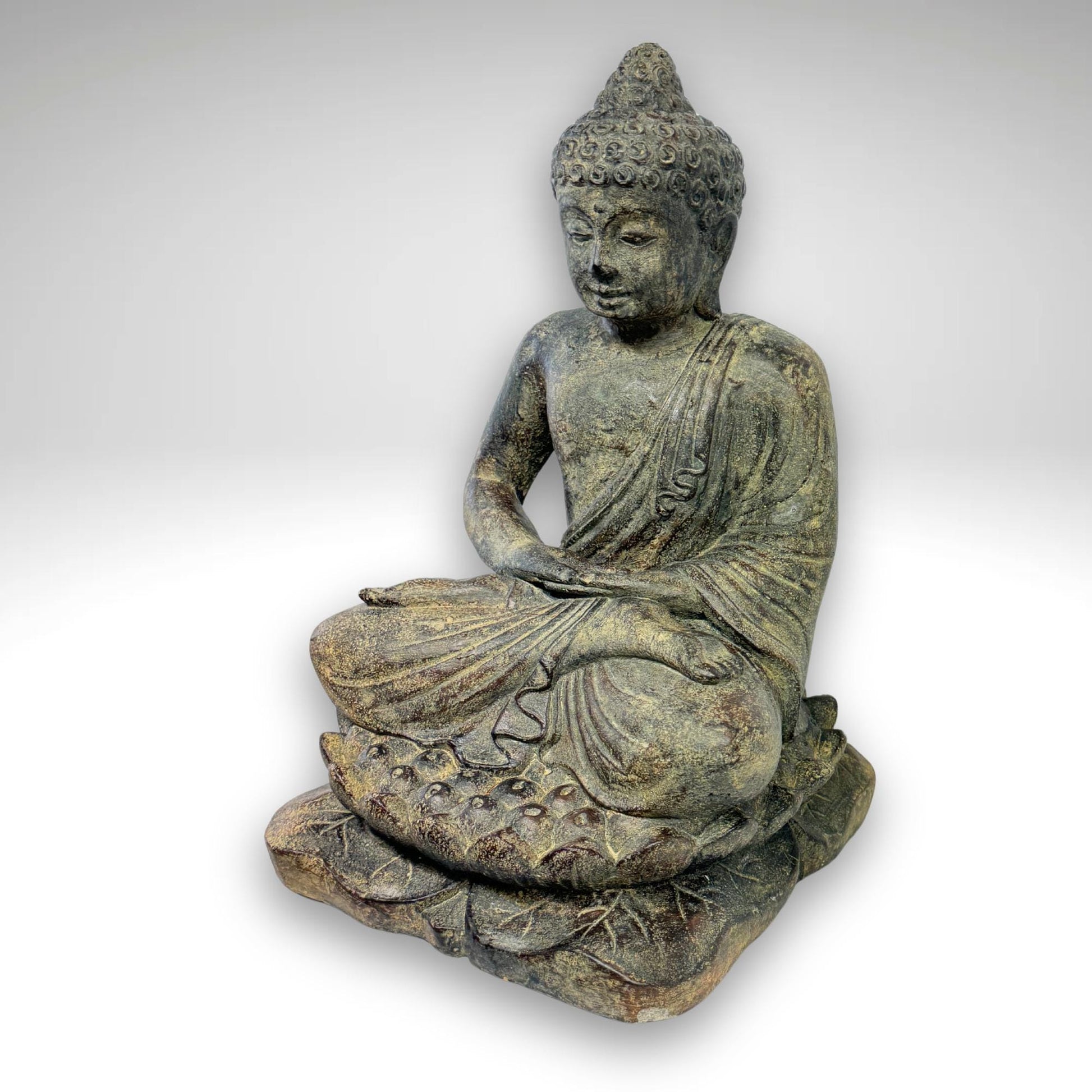 Dhyana Mudra Buddha Garden Statue Sculpture Lotus Pose Meditating Upon Padma Base Bali Art Cast Lava Stone Concrete - Acadia World Traders