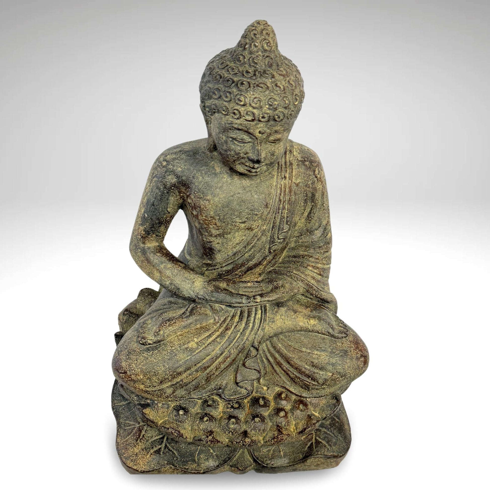 Dhyana Mudra Buddha Garden Statue Sculpture Lotus Pose Meditating Upon Padma Base Bali Art Cast Lava Stone Concrete - Acadia World Traders