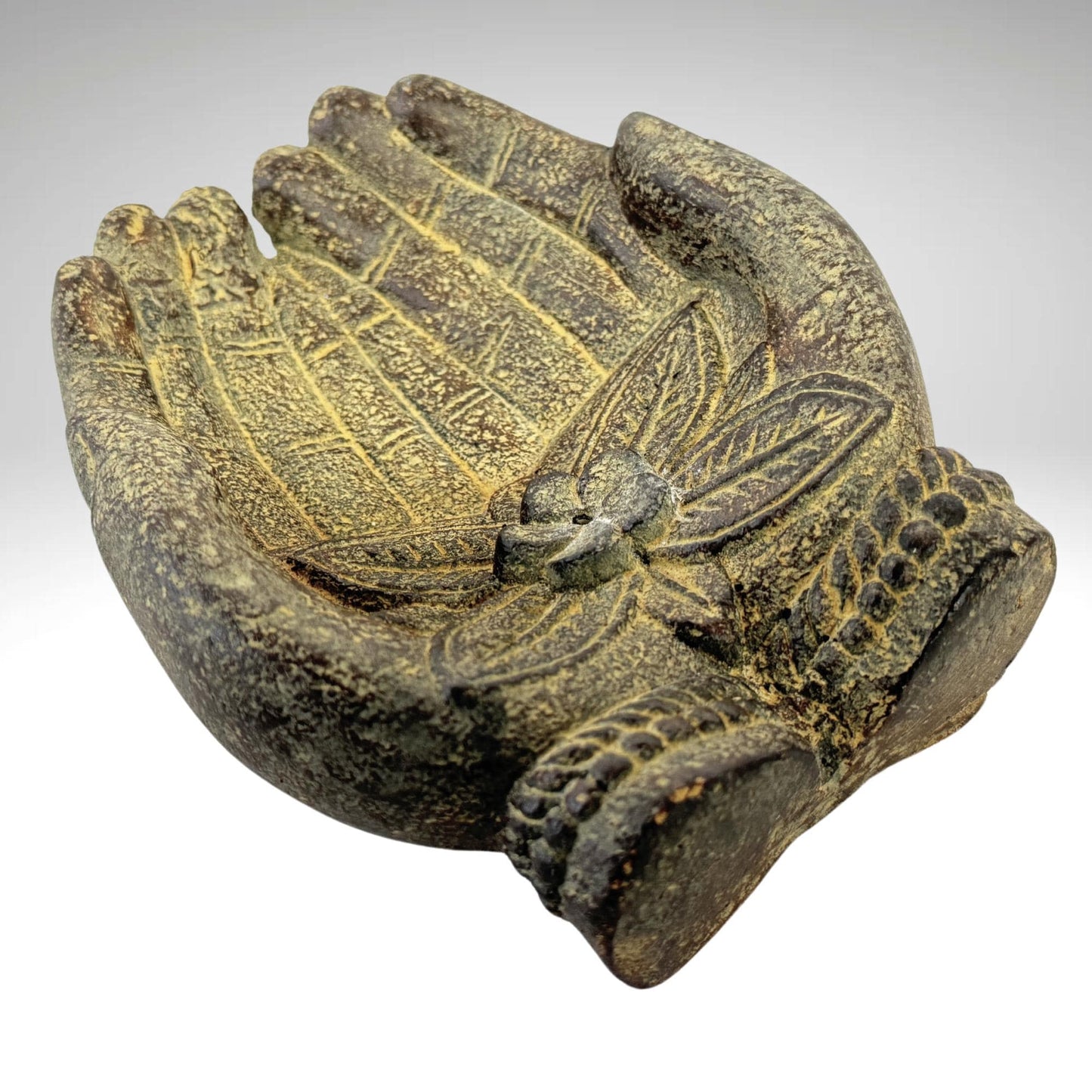 Buddha Blessing Mudra Hand Incense Burner Offering Bowl Ash Catcher Balinese cast Lava stone Boho Eclectic art Handmade Hamsa Fatima hand - Acadia World Traders