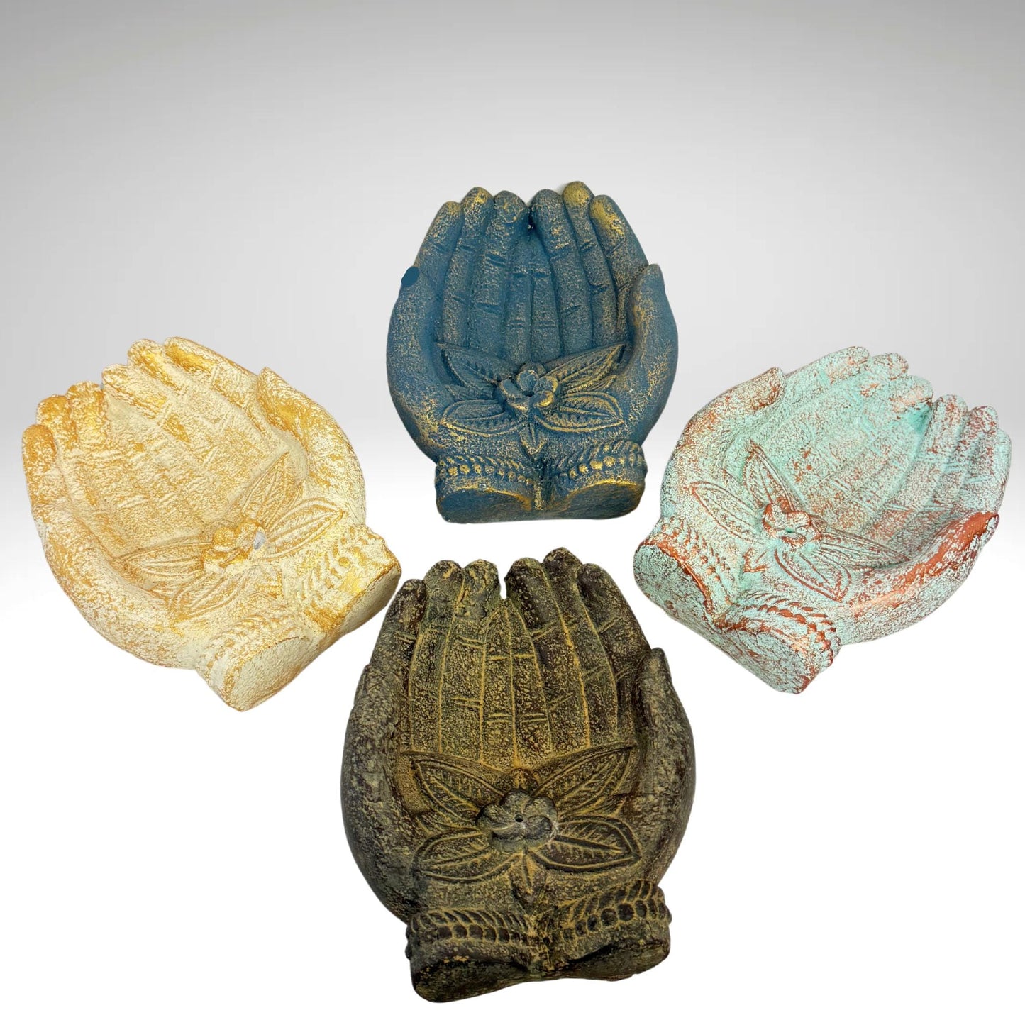 Buddha Blessing Mudra Hand Incense Burner Offering Bowl Ash Catcher Balinese cast Lava stone Boho Eclectic art Handmade Hamsa Fatima hand - Acadia World Traders
