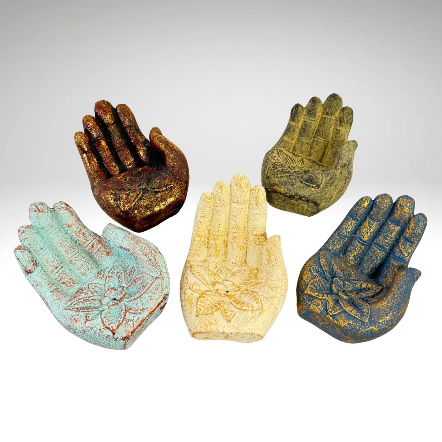 Hamsa Hand Incense Burner Mudra Hand Statue ash catcher Offering bowl crystal dish cast Lava stone Hamsa hand - Acadia World Traders