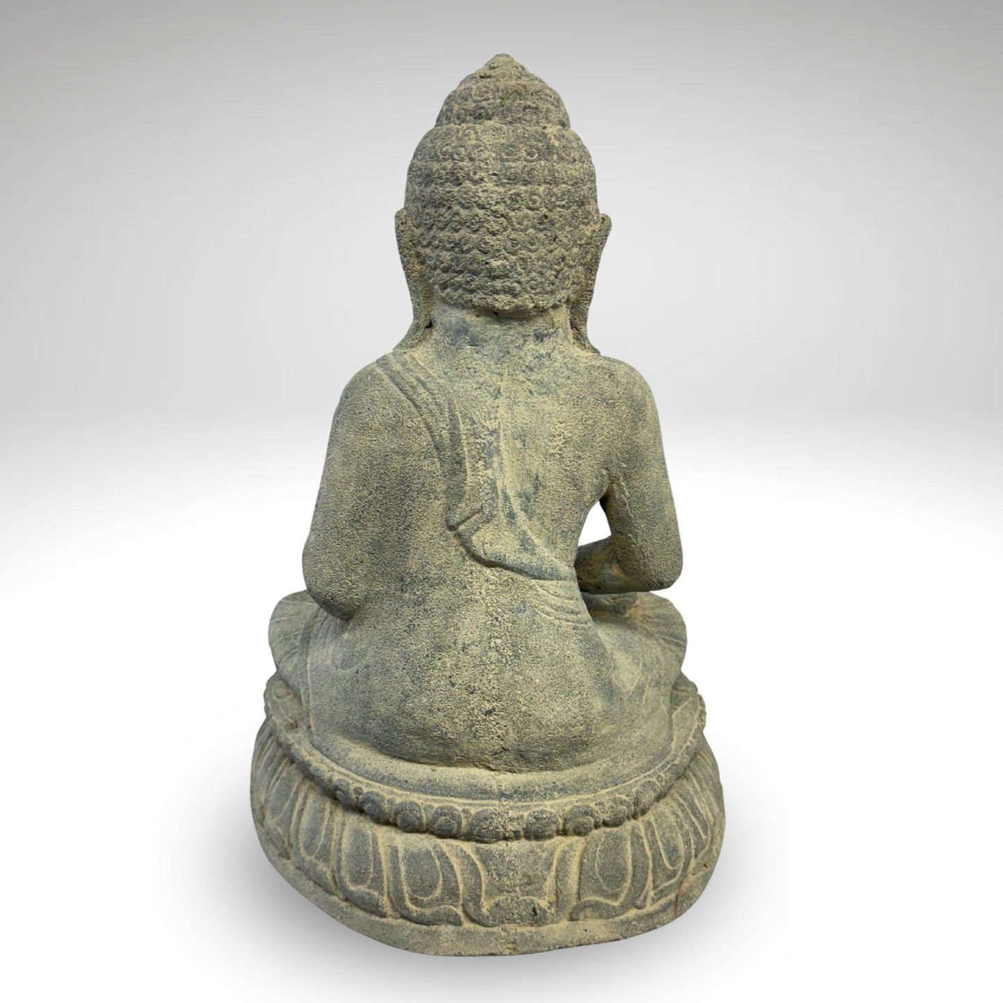 Dhyana Mudra Buddha Garden Statue Sculpture Lotus Pose Meditating Upon Padma Base Bali Art Cast Lava Stone Concrete - Acadia World Traders