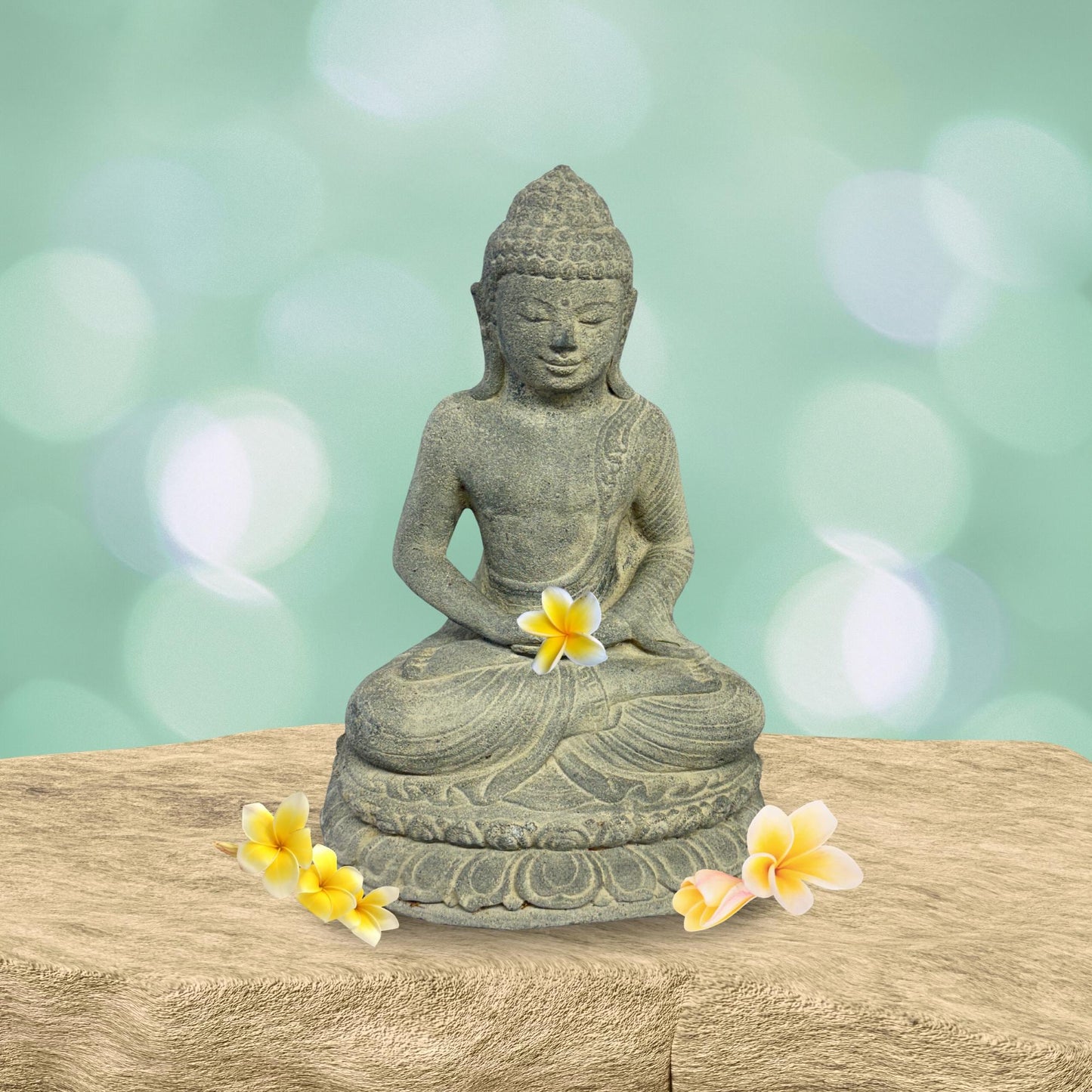 Dhyana Mudra Buddha Garden Statue Sculpture Lotus Pose Meditating Upon Padma Base Bali Art Cast Lava Stone Concrete - Acadia World Traders