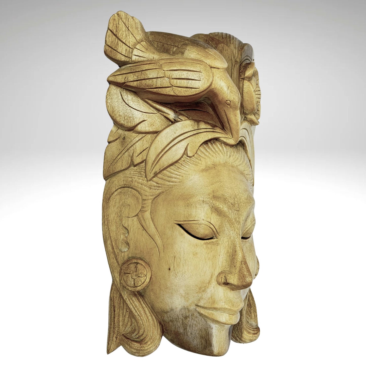 Balinese Mask Dewi Sri Bawang Forest Goddess Hand Carved Wood Carving Bali folk art wall decor - Acadia World Traders