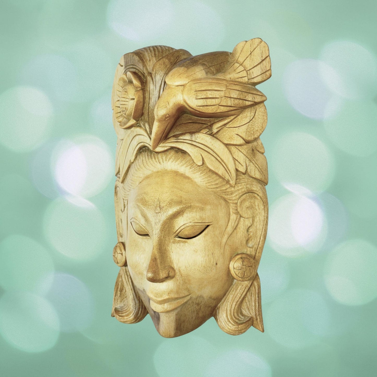 Balinese Mask Dewi Sri Bawang Forest Goddess Hand Carved Wood Carving Bali folk art wall decor - Acadia World Traders