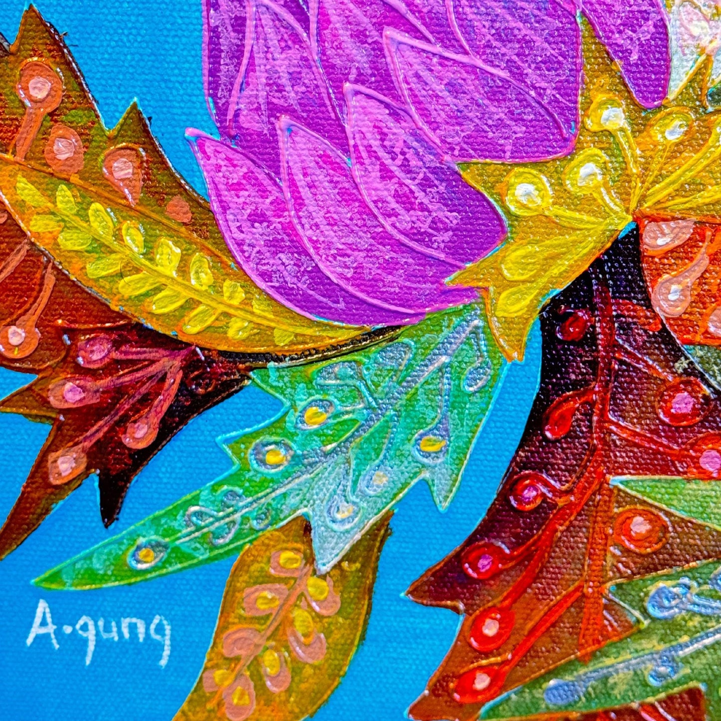 Passion Flower Butterfly Garden Fine art Painting Acrylic Canvas signed Agung Bali Wall Art Bohemian Decor Turquoise Purple Psychedelic Art - Acadia World Traders