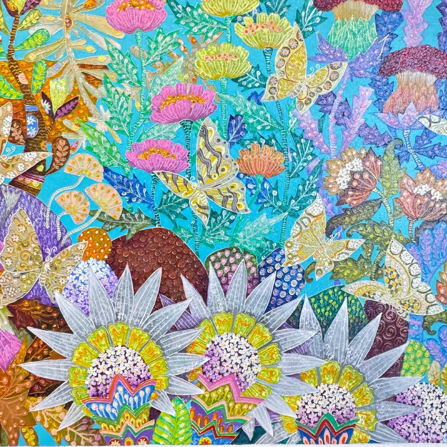 Passion Flower Butterfly Garden Fine art Painting Acrylic Canvas signed Agung Bali Wall Art Bohemian Decor Turquoise Purple Psychedelic Art - Acadia World Traders