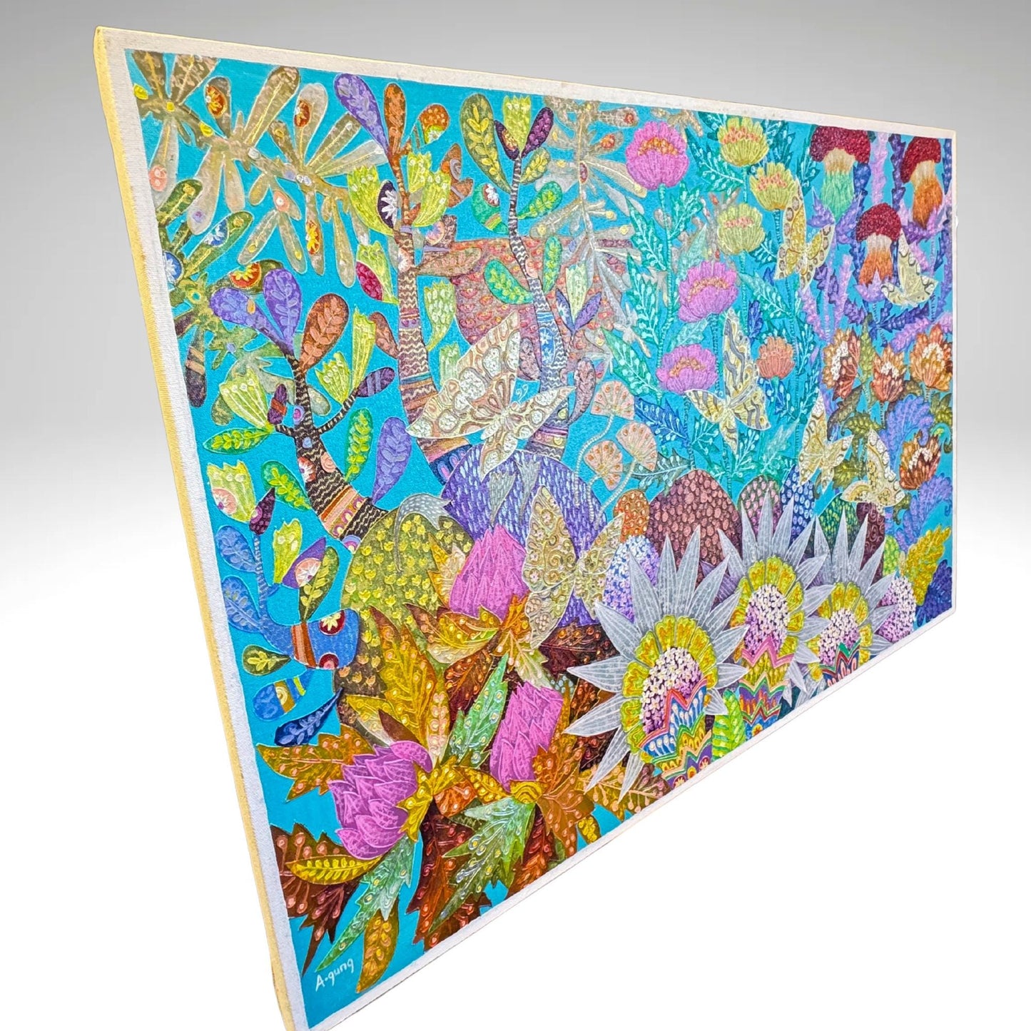 Passion Flower Butterfly Garden Fine art Painting Acrylic Canvas signed Agung Bali Wall Art Bohemian Decor Turquoise Purple Psychedelic Art - Acadia World Traders
