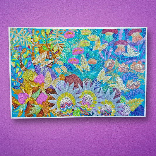 Passion Flower Butterfly Garden Fine art Painting Acrylic Canvas signed Agung Bali Wall Art Bohemian Decor Turquoise Purple Psychedelic Art - Acadia World Traders