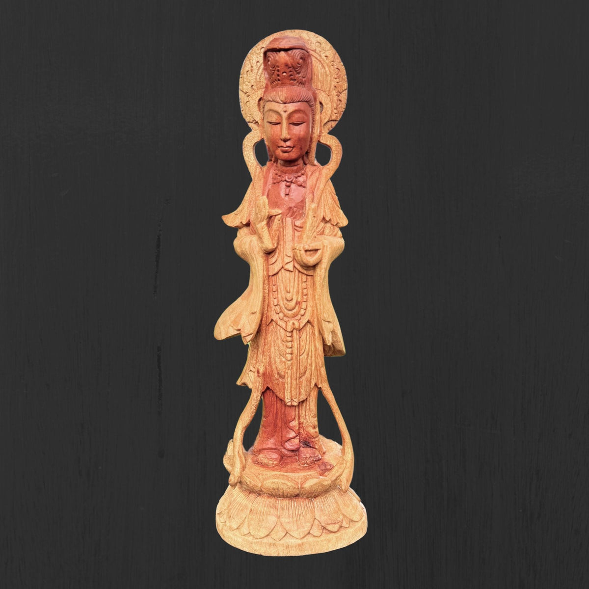 Hand Carved Guanyin Goddess of Mercy Statue: Suar Wood Bodhisattva of Compassion Sculpture